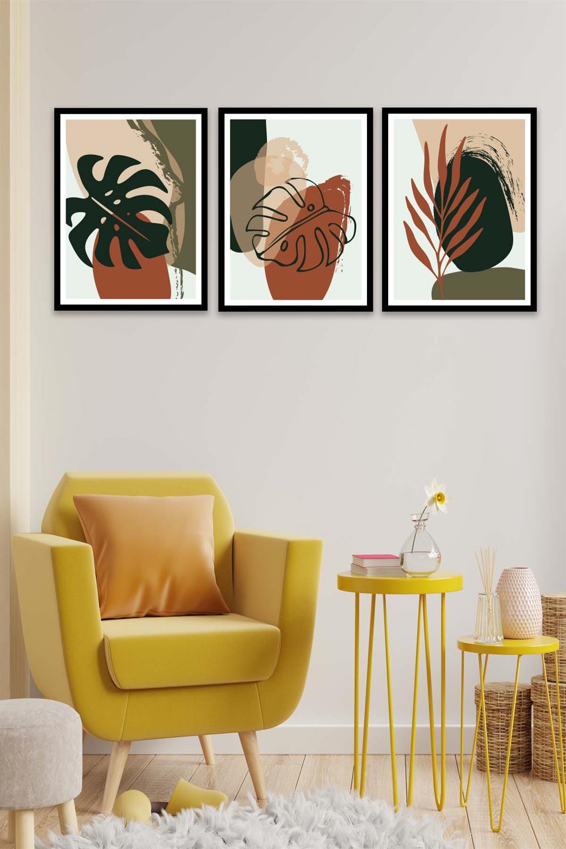 3 Parça Bohem Ve Botanik Tarzda (Siyah Çerçeve Görünümlü) Uv Baskı Mdf Tablo Seti