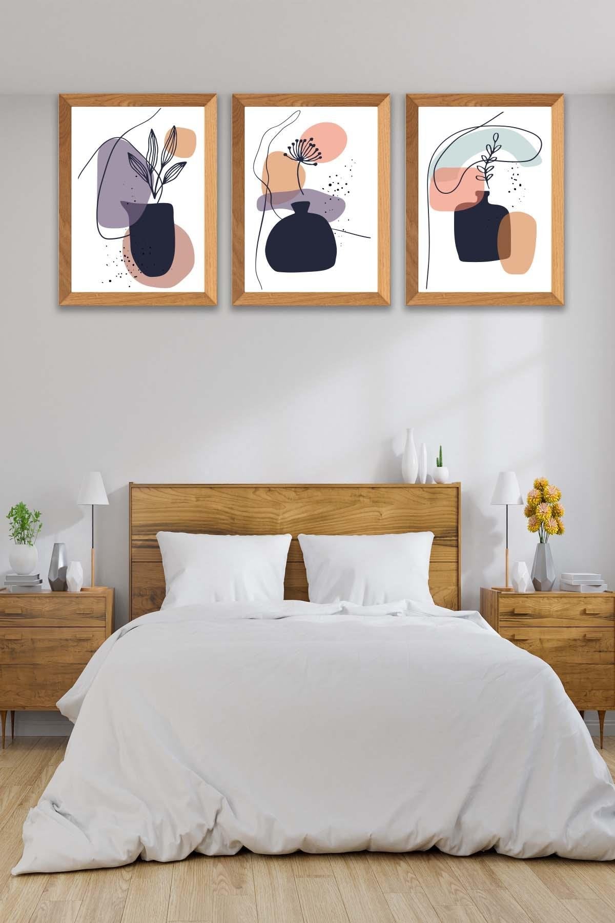 Vazo Temalı Ahşap Çerçeve Görünümlü Tablo Seti