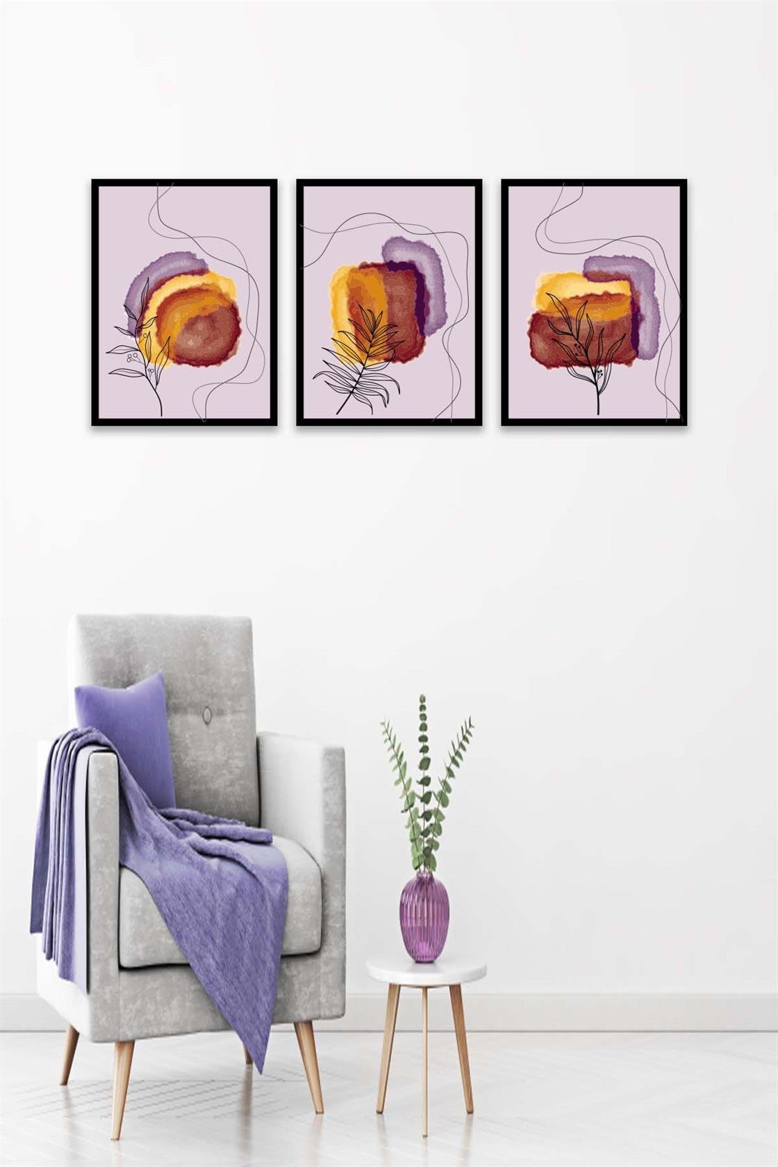 3 Parça Bohem Ve Suluboya Tarzda (Siyah Çerçeve Görünümlü) Uv Baskı Mdf Tablo Seti