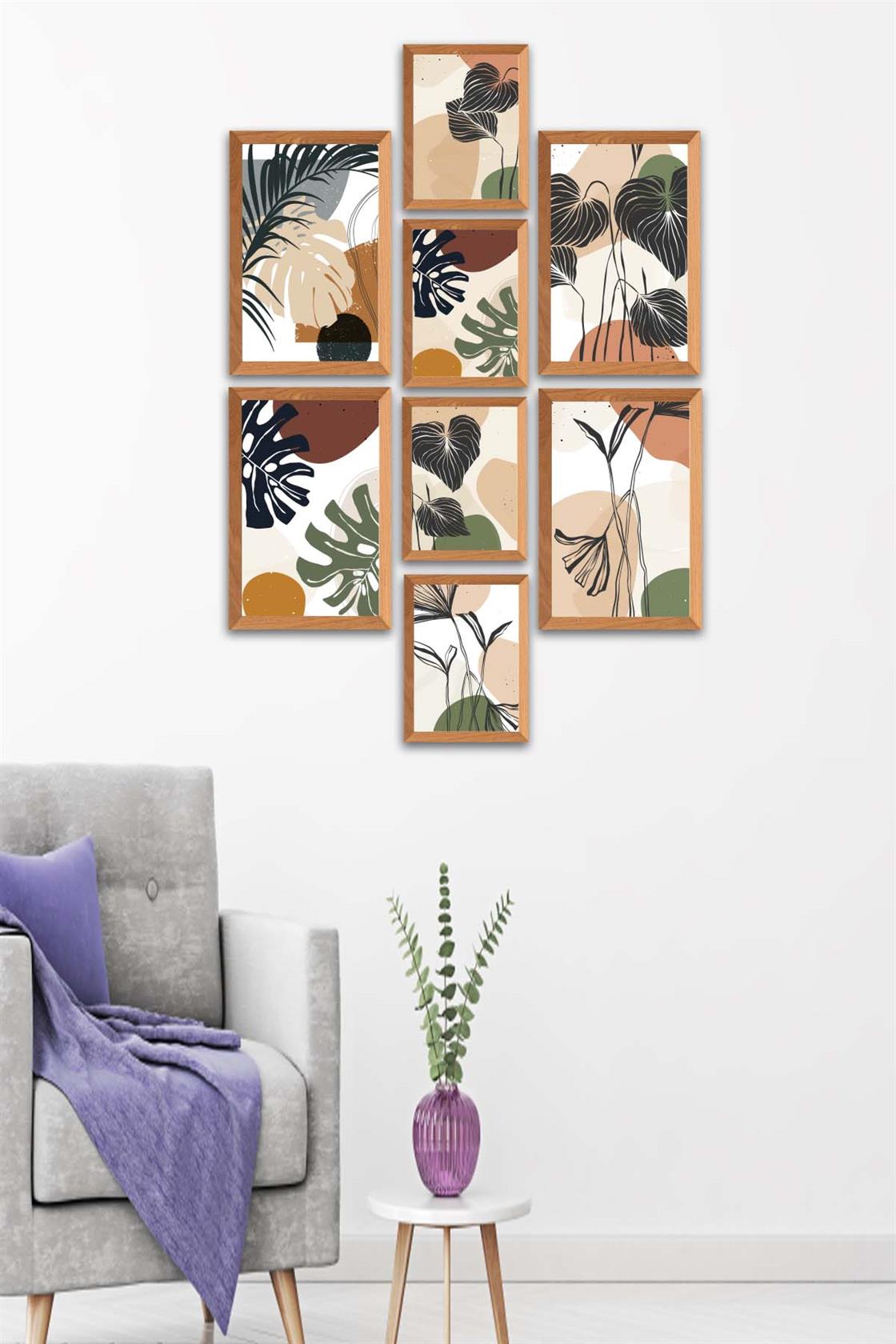 8 Parça Bohem Tarzda Sanatsal Ahşap Çerçeve Görünümlü Uv Baskı Mdf Tablo Seti