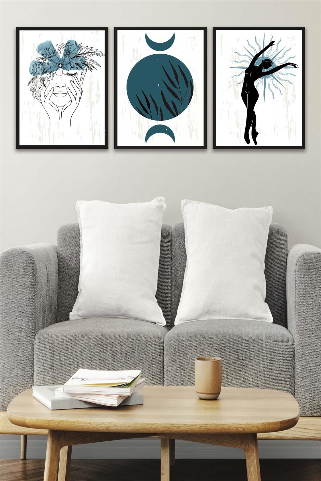 3 Parça Modern Sanat Tarzında Lotus Tasarım (Siyah çerçeve görünümlü) Uv Baskı Mdf Tablo Seti