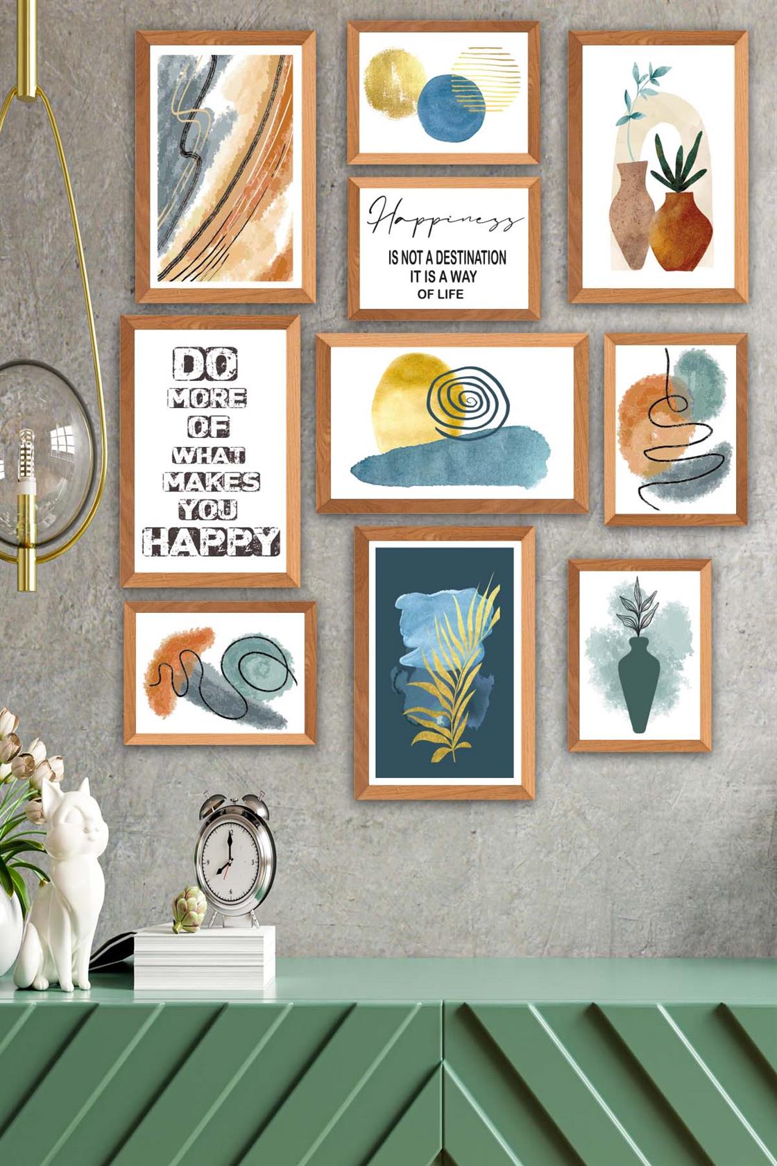 10 Parça Yazı Ve Suluboya Bohem Tarzda (Ahşap Çerçeve Görünümlü) Uv Baskı Tablo Seti