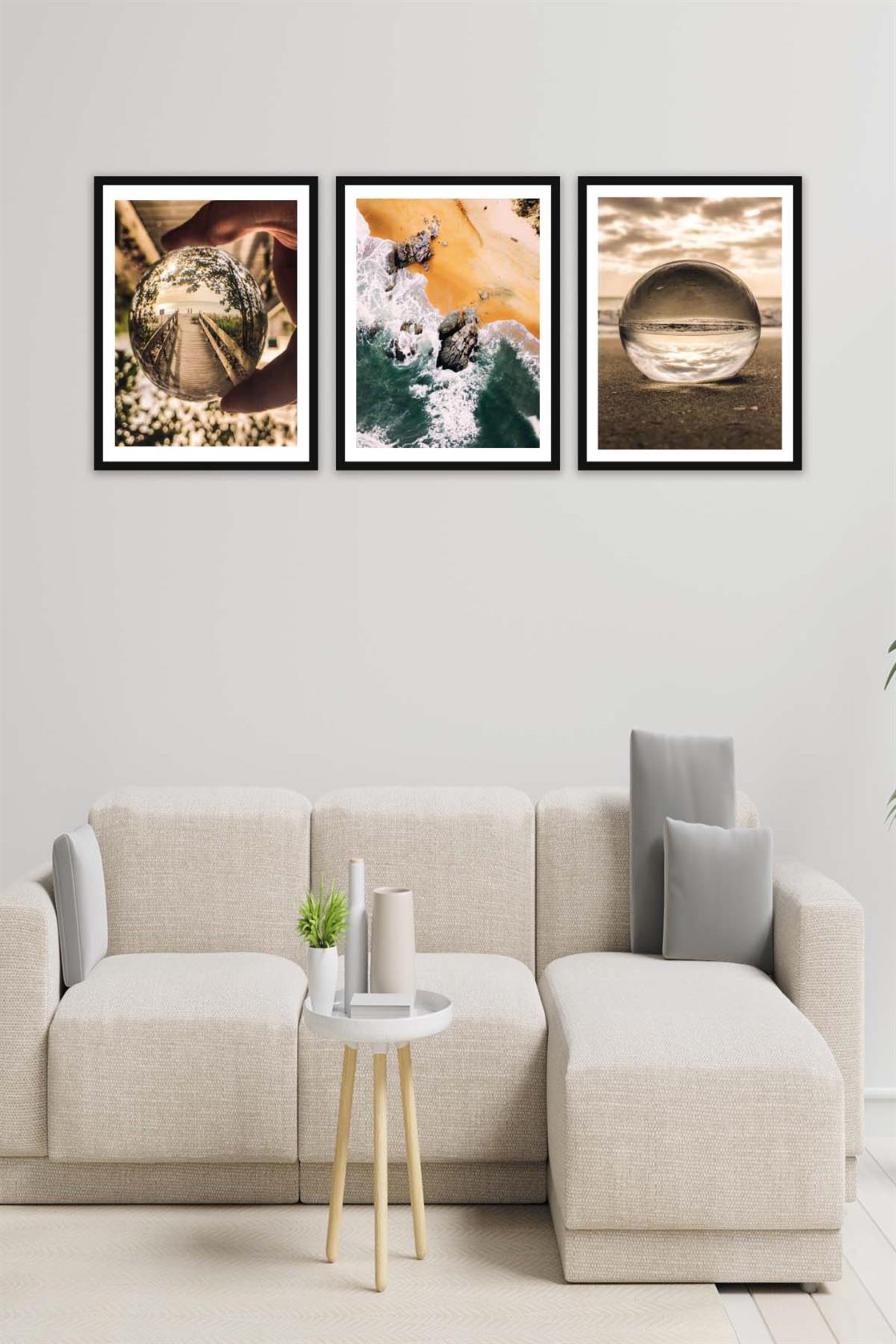 3 Parça Modern Tarzda Sanatsal Siyah Çerçeve Görünümlü Dijital Baskı Tablo Seti