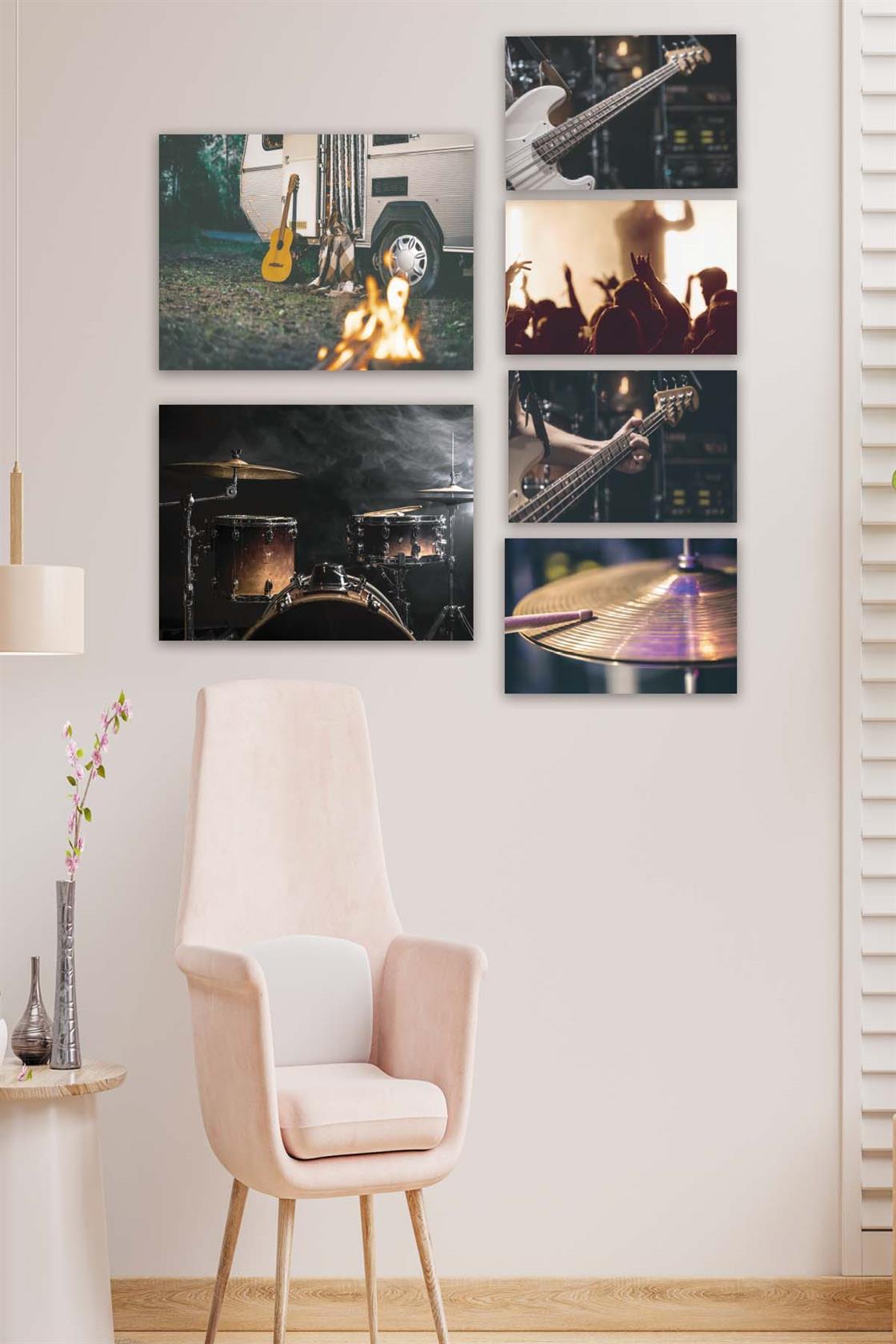 6 Parça Müzik Severlere Özel Gitar Ve Bateri Ahşap Mdf Tablo Seti