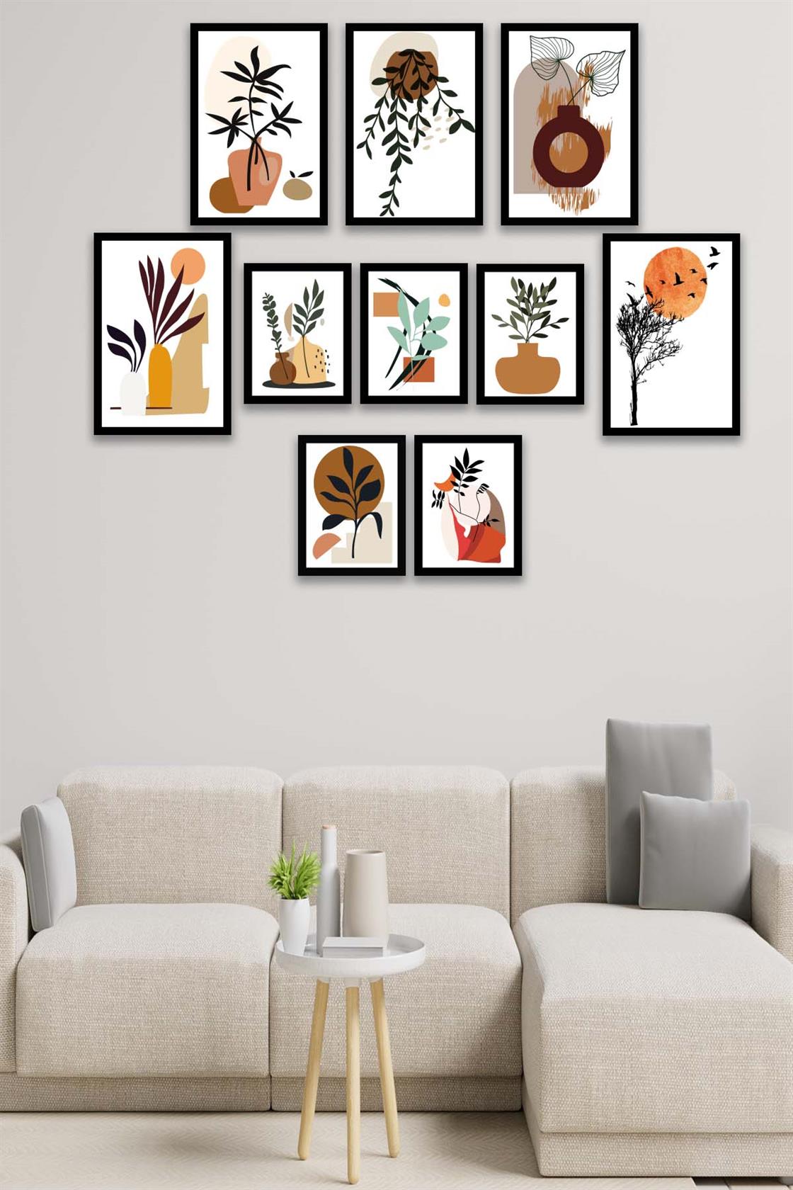 10 Parça Modern Sanatsal Bohem Tarzda (Siyah çerçeve görünümlü) Uv Baskı Mdf Tablo Seti