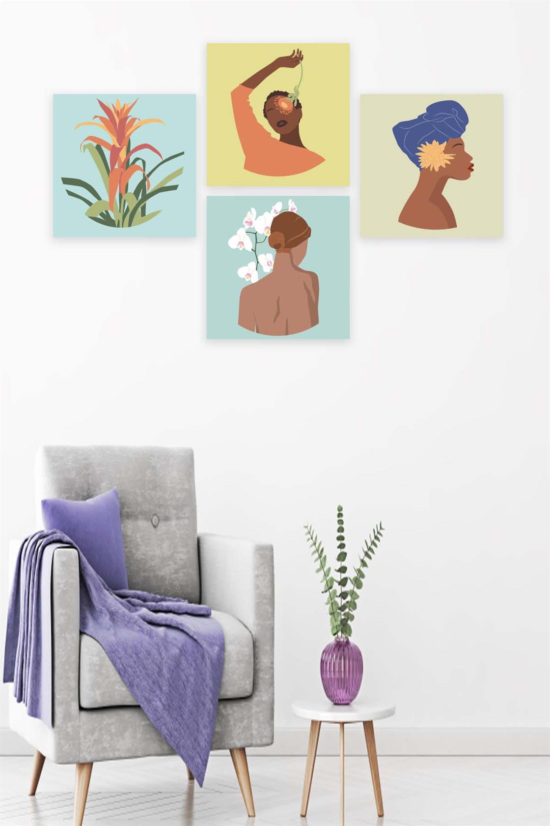 4 Parça Bohem Kadın Uv Baskı Mdf Tablo Seti