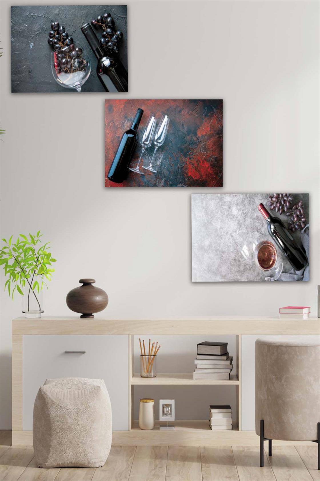 3 Parça Şarap ve Üzüm Desenli Mdf Ahşap Tablo Seti