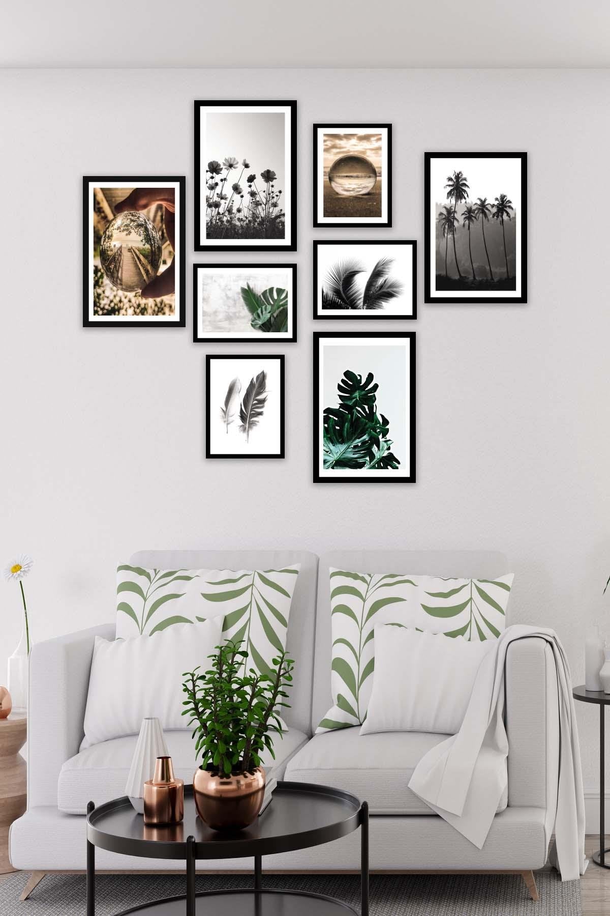 8 Parça Modern Tarzda Palmiye Ve Botanik Tablo Seti