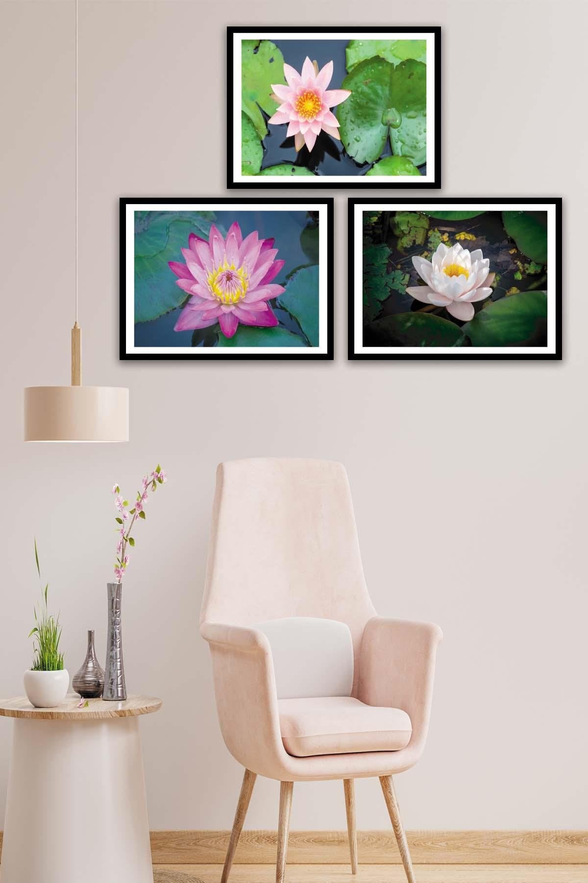 3 Parça Çiçek Temalı Siyah Çerçeve Görünümlü Tablo Seti