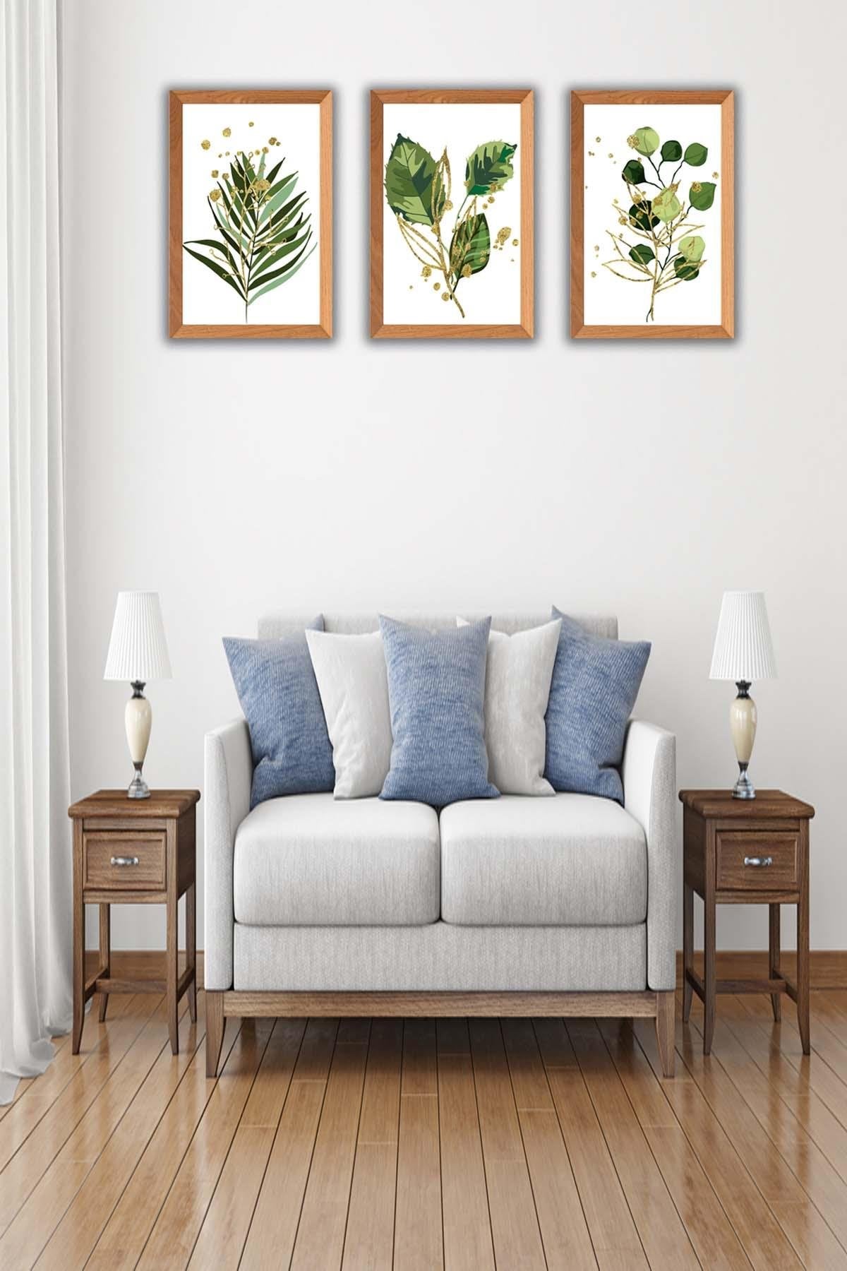 Yeşil Çiçek Temalı Ahşap Çerçeve Görünümlü Tablo Seti