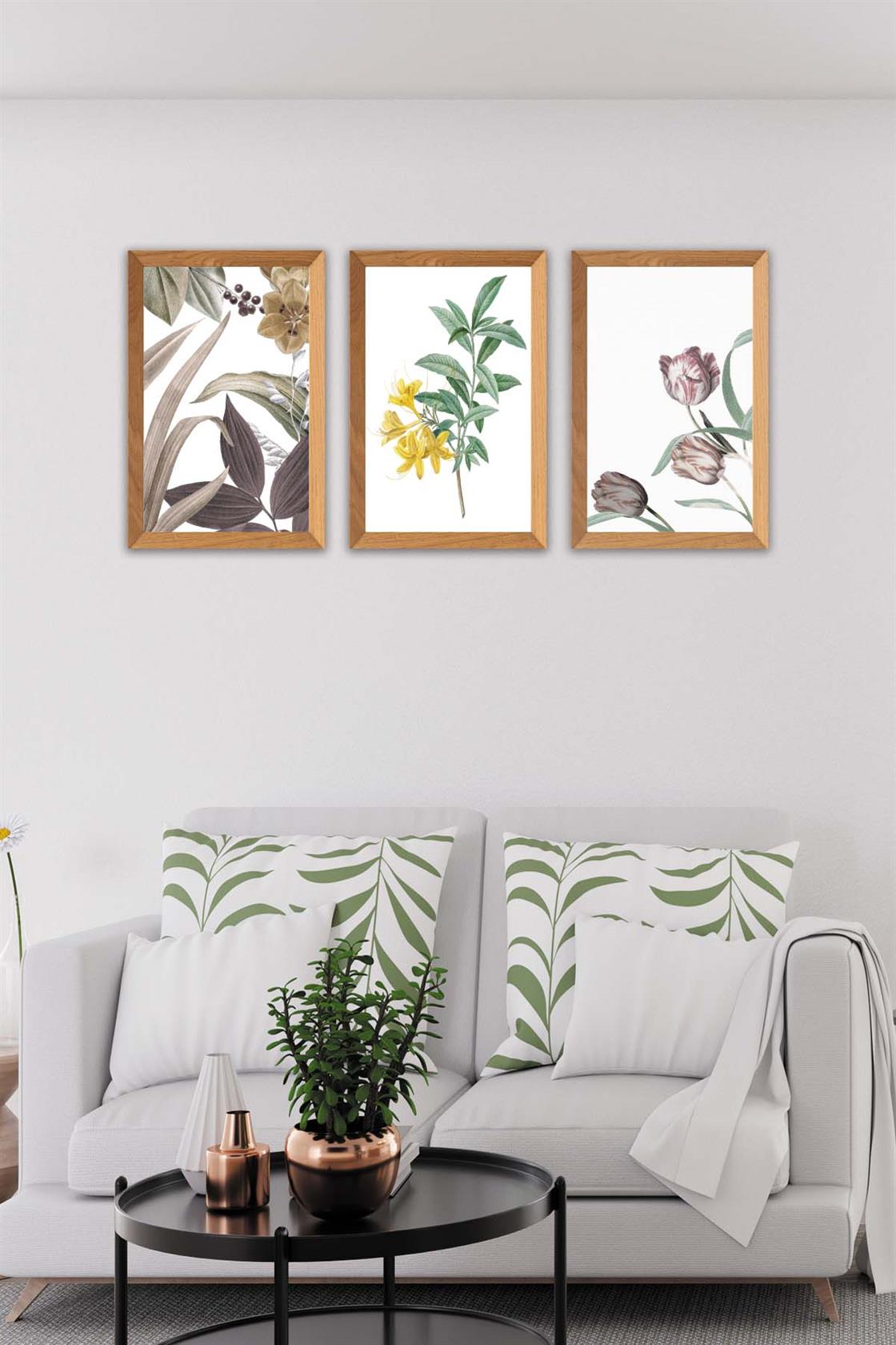 3 Parça Renkli Çiçekler Ahşap Çerçeve Görünümlü Dijital Baskı Tablo Seti