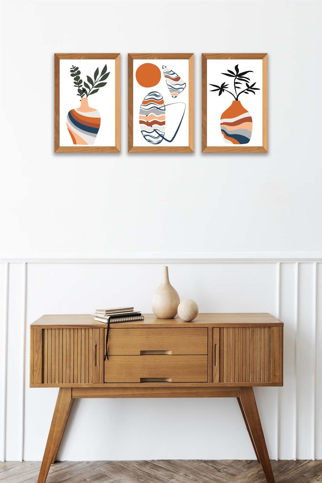 3 Parça Modern Sanatsal Bohem Tarzda (Ahşap çerçeve görünümlü) Uv Baskı Mdf Tablo Seti