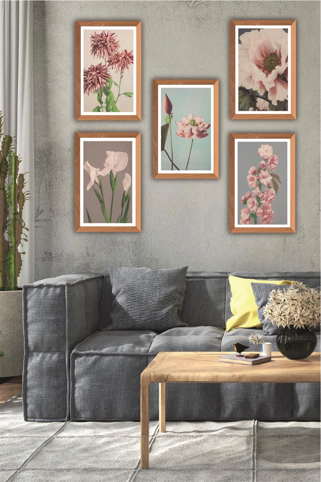 5 Parça Ahşap çerçeve Görünümlü Çiçek Desenli Uv baskı Mdf Tablo Seti