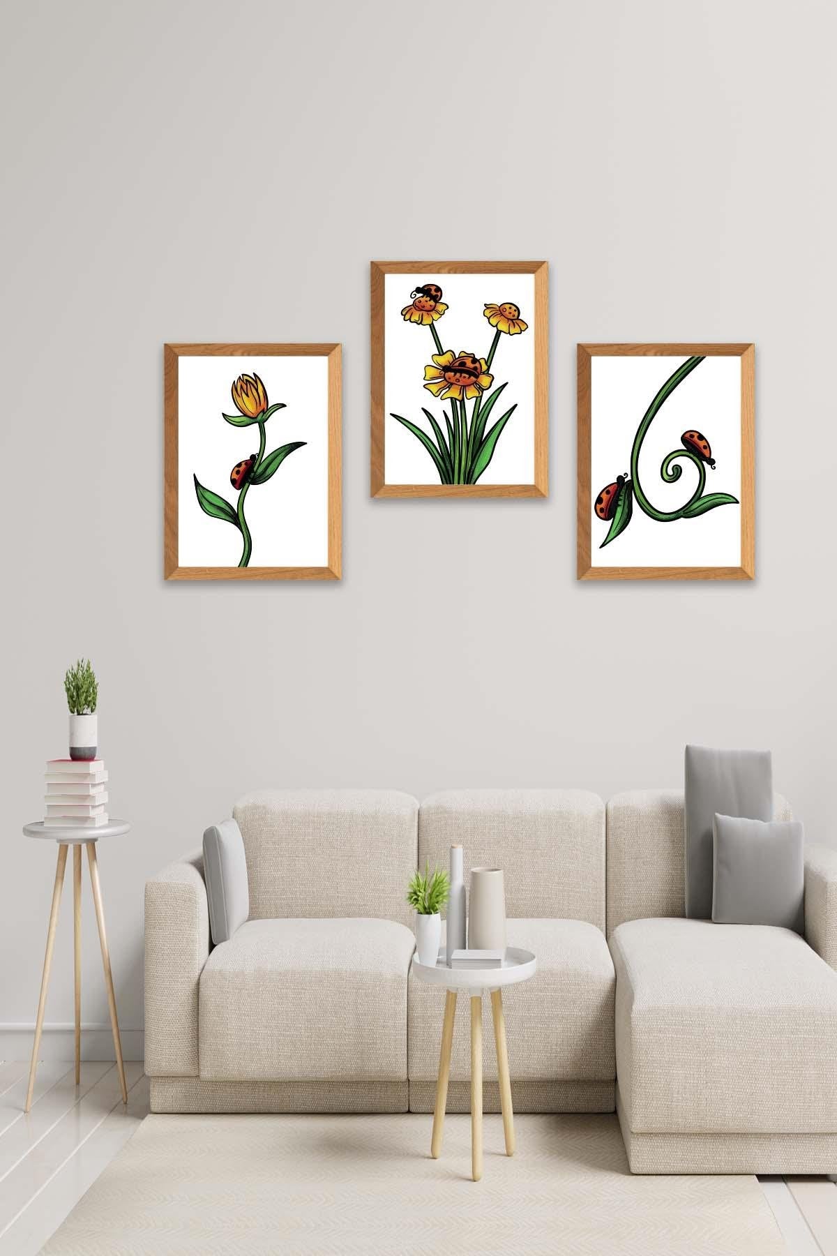 Papatya Tarzında Ahşap Çerçeve Görünümlü Tablo Seti