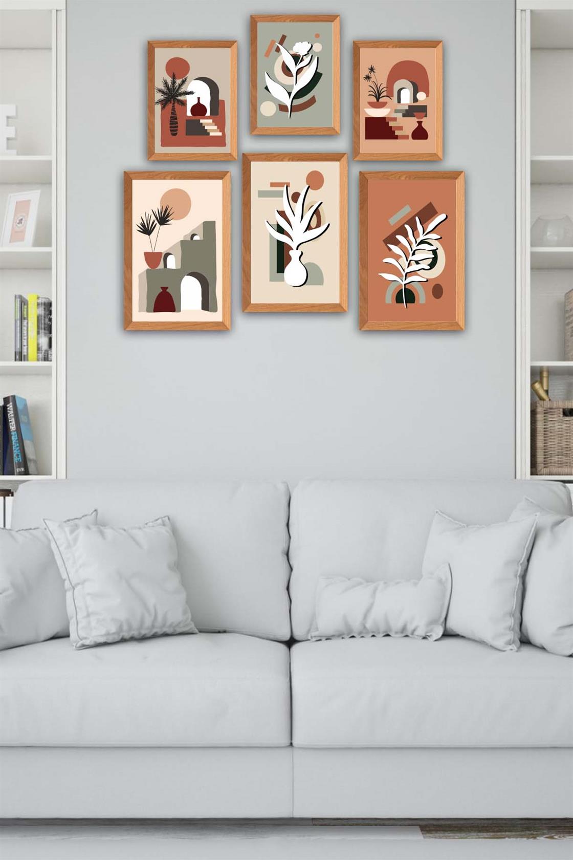 6 Parça Bohem Tarzda (Ahşap Çerçeve Görünümlü) Uv Baskı Tablo Seti