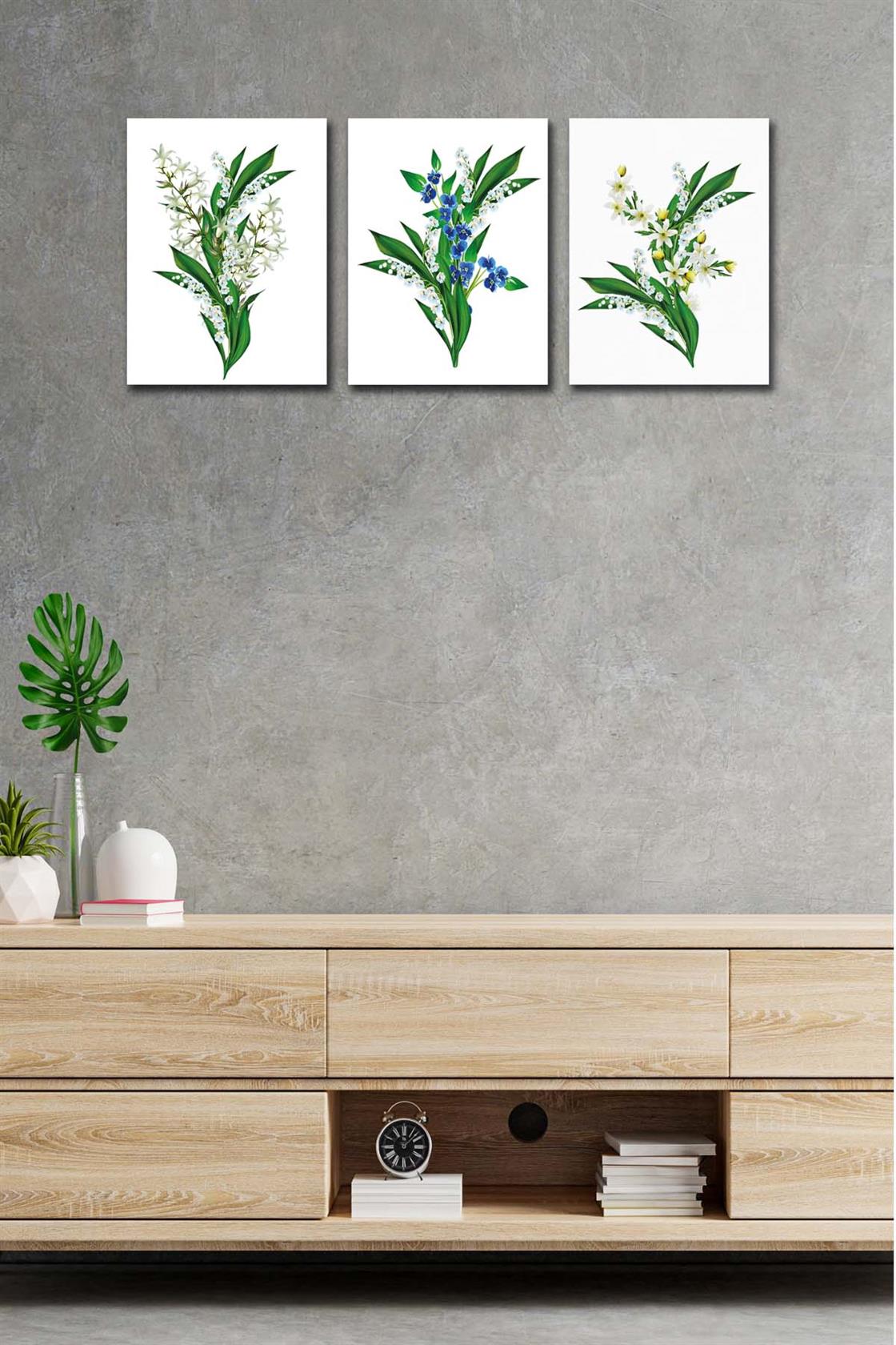 3 Parça Yeşil Çiçekler Tablo Seti