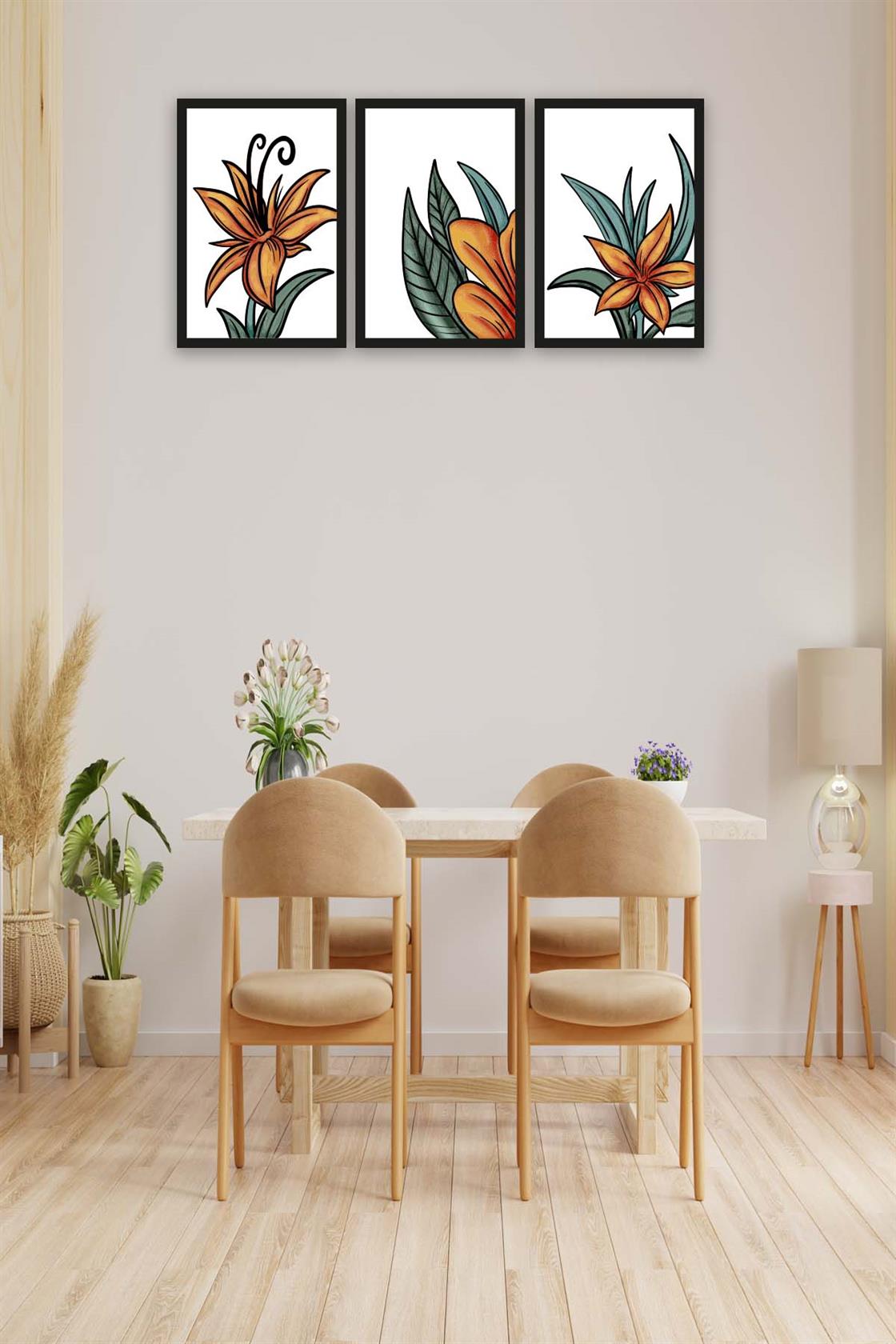 3 Parça Turuncu Yapraklı Çiçek Tarzda Sanatsal Siyah Çerçeve Görünümlü Uv Baskı Mdf Tablo Seti