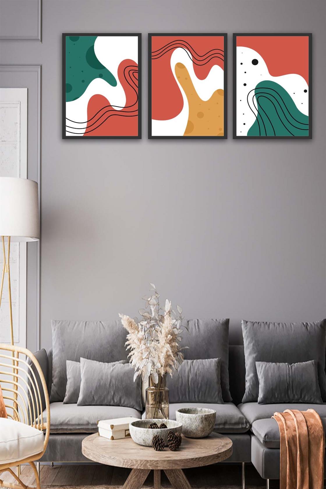3 Parça Renkli Modern Tarzda Siyah Çerçeve Görünümlü Uv Baskı Mdf Tablo Seti