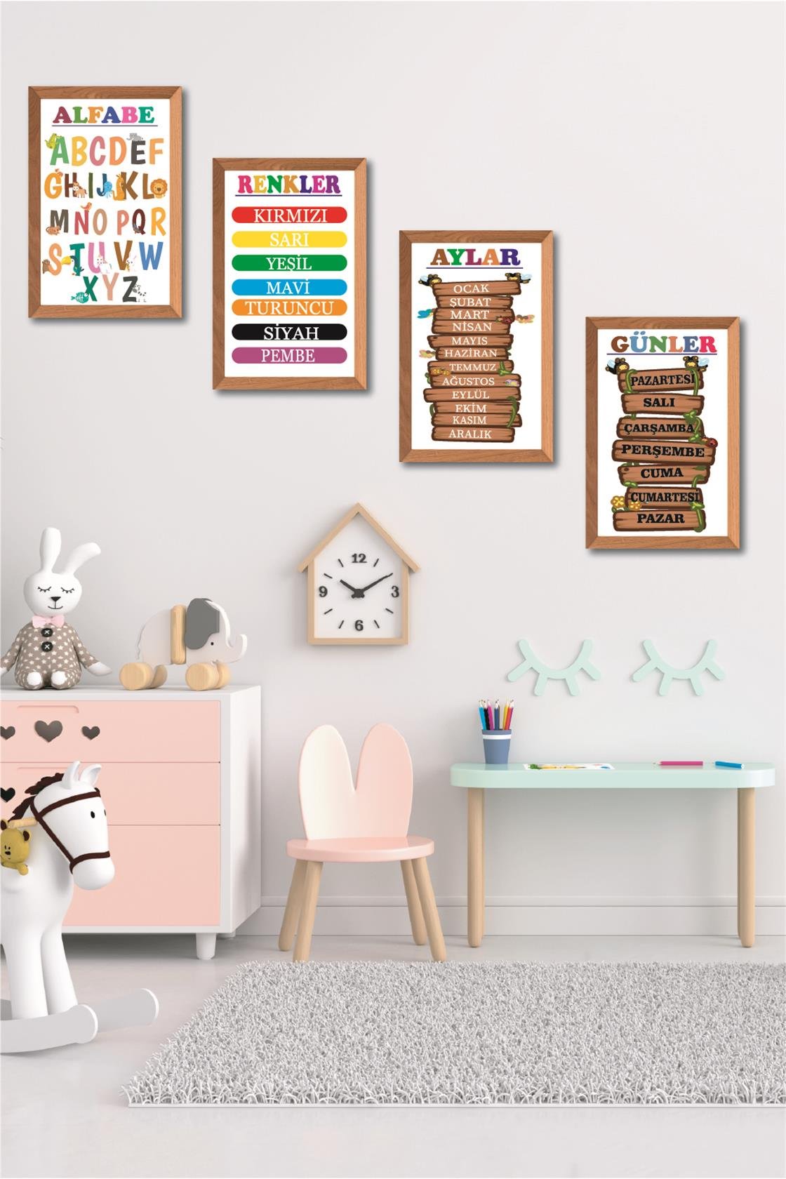 4 Parça Çoçuklar İçin Renkli Alfabe Sayılar Ve Aylar Eğitici Tablo Ahşap Çerçeve Görünümlü