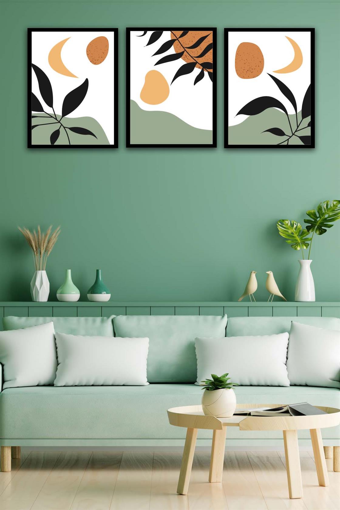 3 Parça Modern Bohem Tarzda Sanatsal Siyah Çerçeve Görünümlü Uv Baskı Mdf Tablo Seti