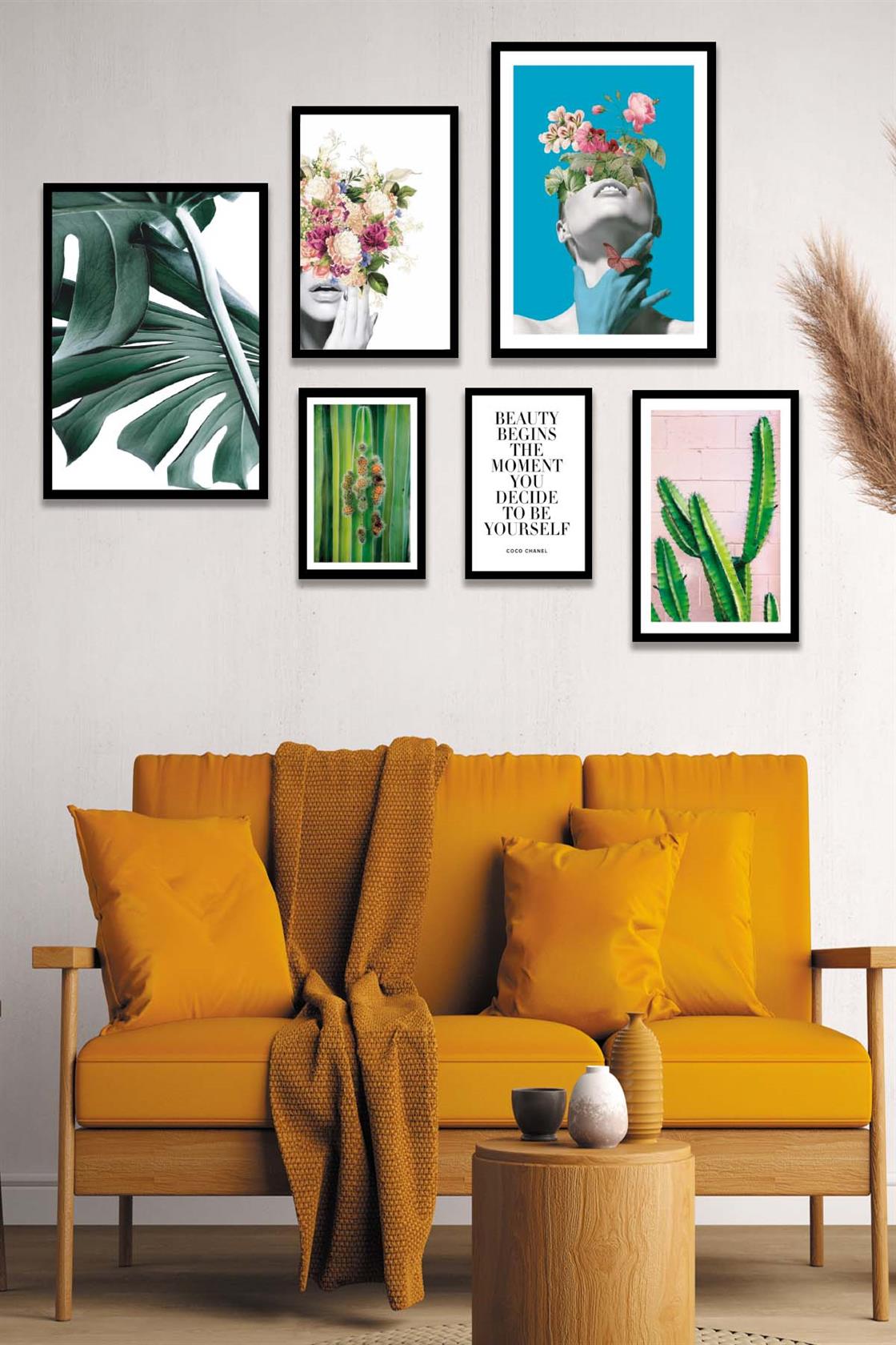 Sanatsal Kadın Yeşil Çiçek Ve Kaktüs Temalı Tablo Seti