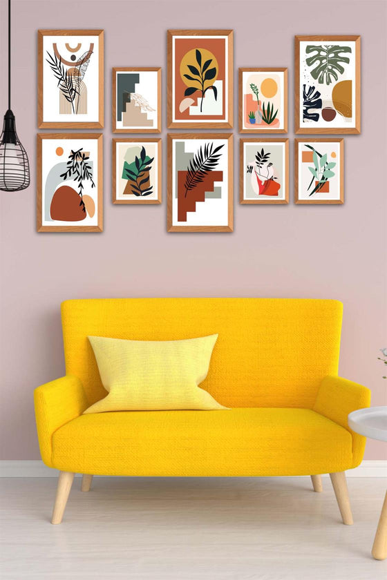 10 Parça Bohem Tarzında Ahşap Çerçeve Görünümlü Uv Baskı Mdf Tablo Seti