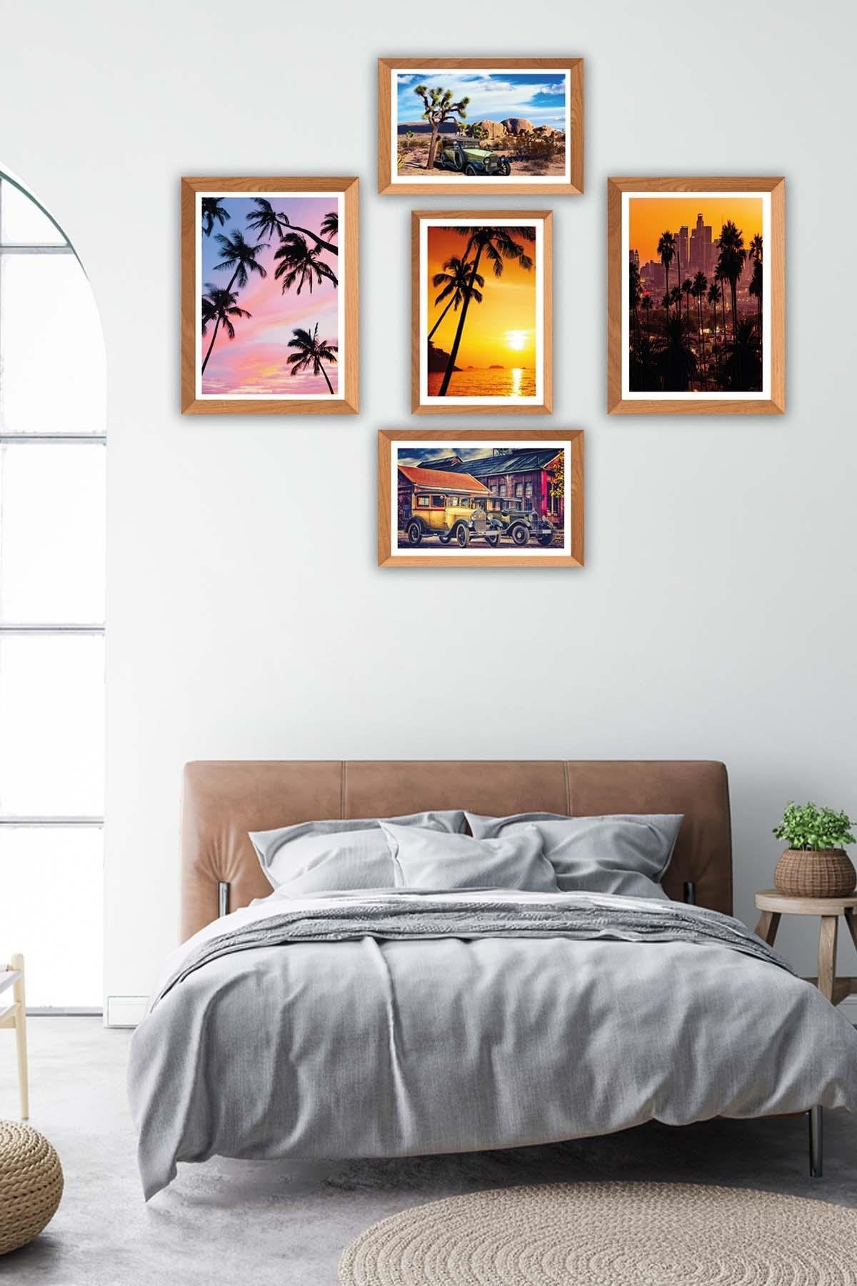 Palmiye Temalı Ahşap Çerçeve Görünümlü Tablo Seti