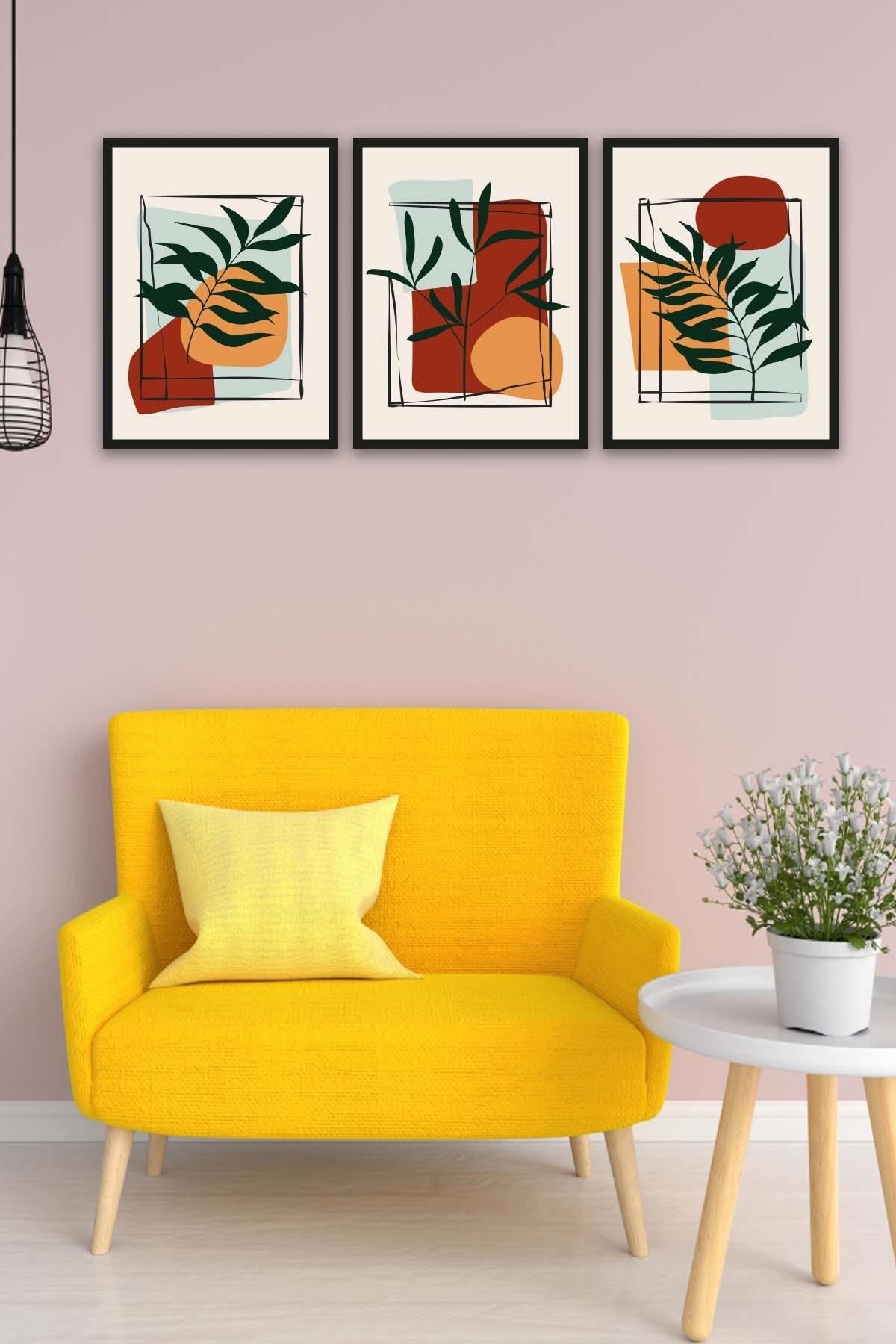 3 Parça Bohem Tarzında Siyah Çerçeve Görünümlü Tablo Seti