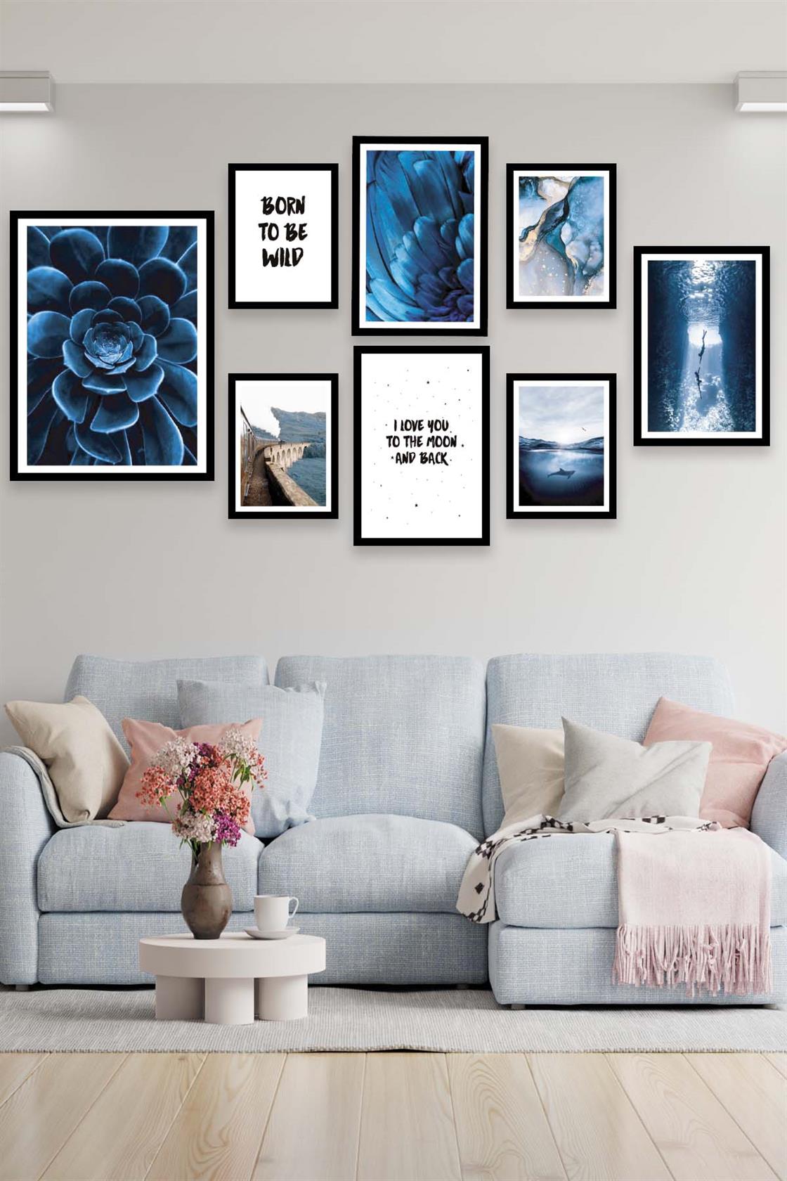 Blue Çiçek Ve Manzara Temalı Tablo Seti