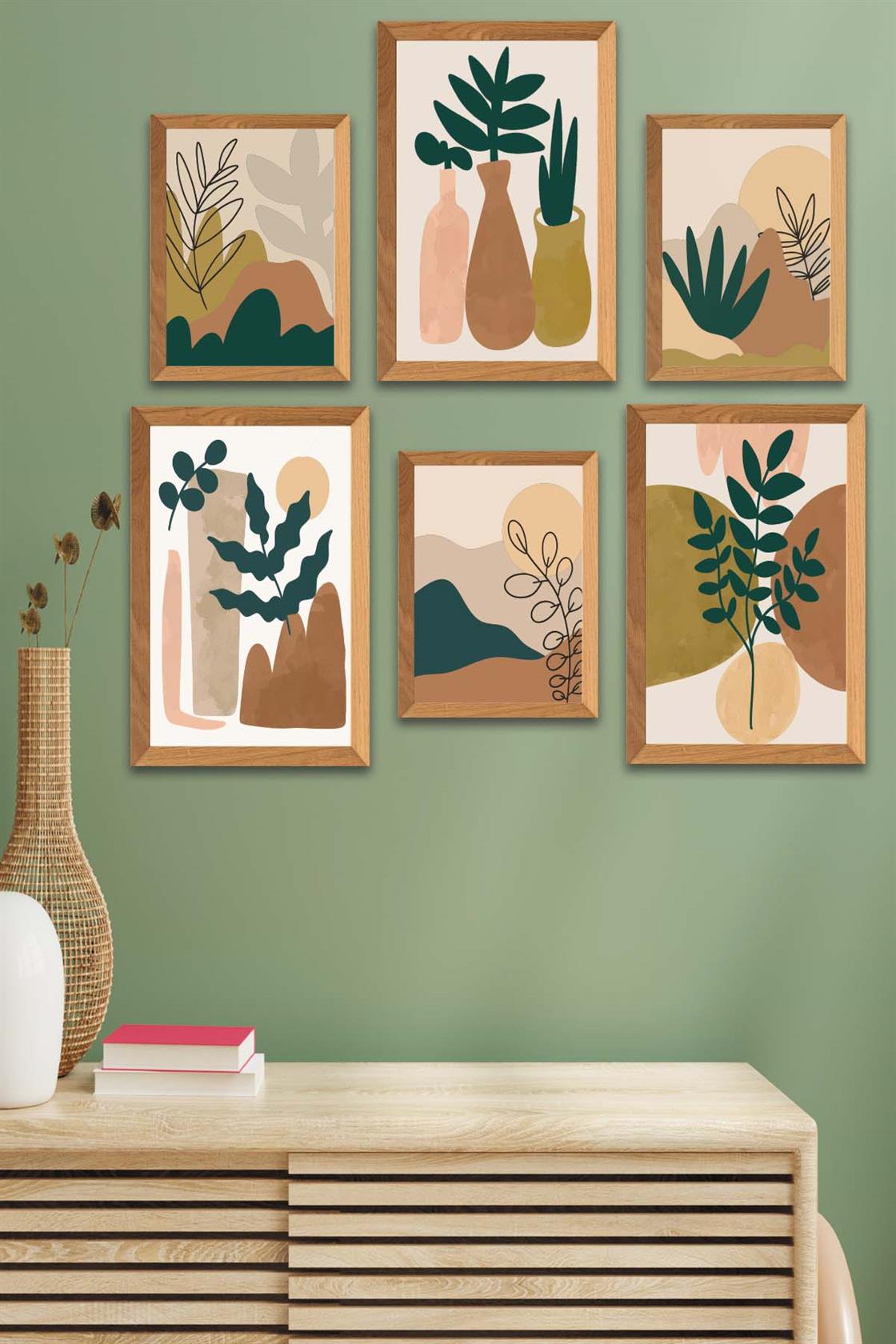 6 Parça Sanatsal Bohem Tarzında (Ahşap çerçeve görünümlü) Uv Baskı Mdf Tablo Seti