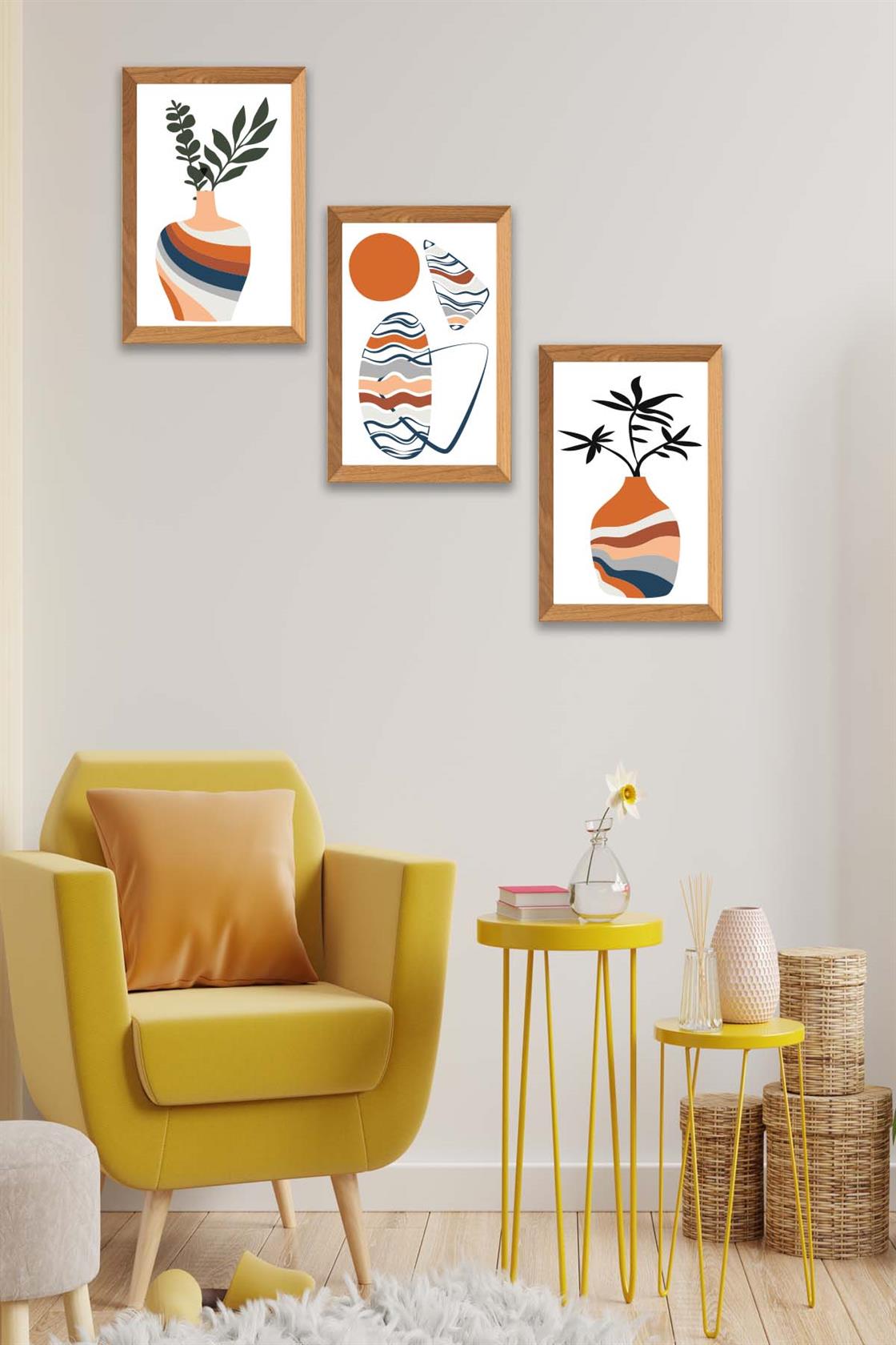 3 Parça Modern Sanatsal Bohem Tarzda (Ahşap çerçeve görünümlü) Uv Baskı Mdf Tablo Seti