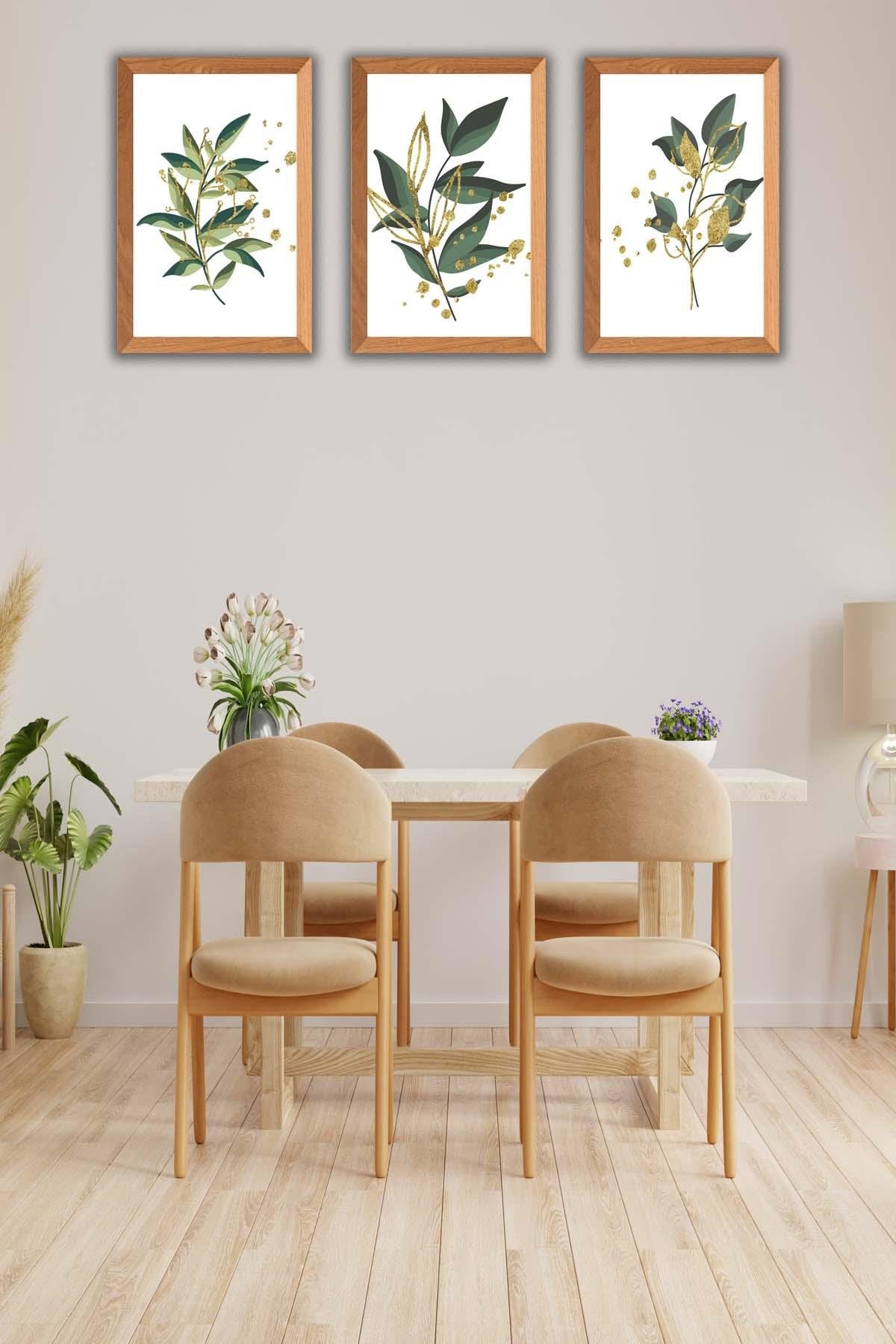 Yeşil Çiçek Temalı Ahşap Çerçeve Görünümlü Tablo Seti