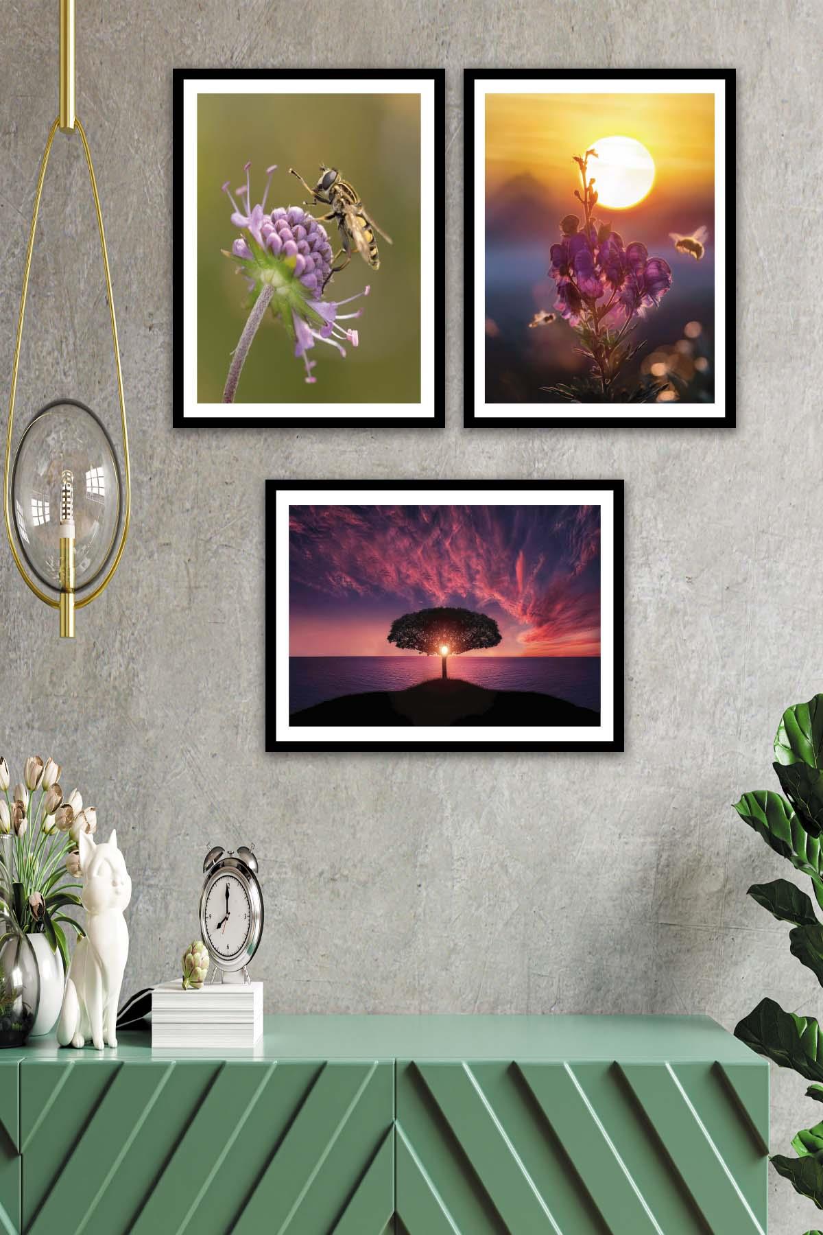 Arı Ve Çiçek Temalı Siyah Çerçeve Görünümlü Tablo Seti