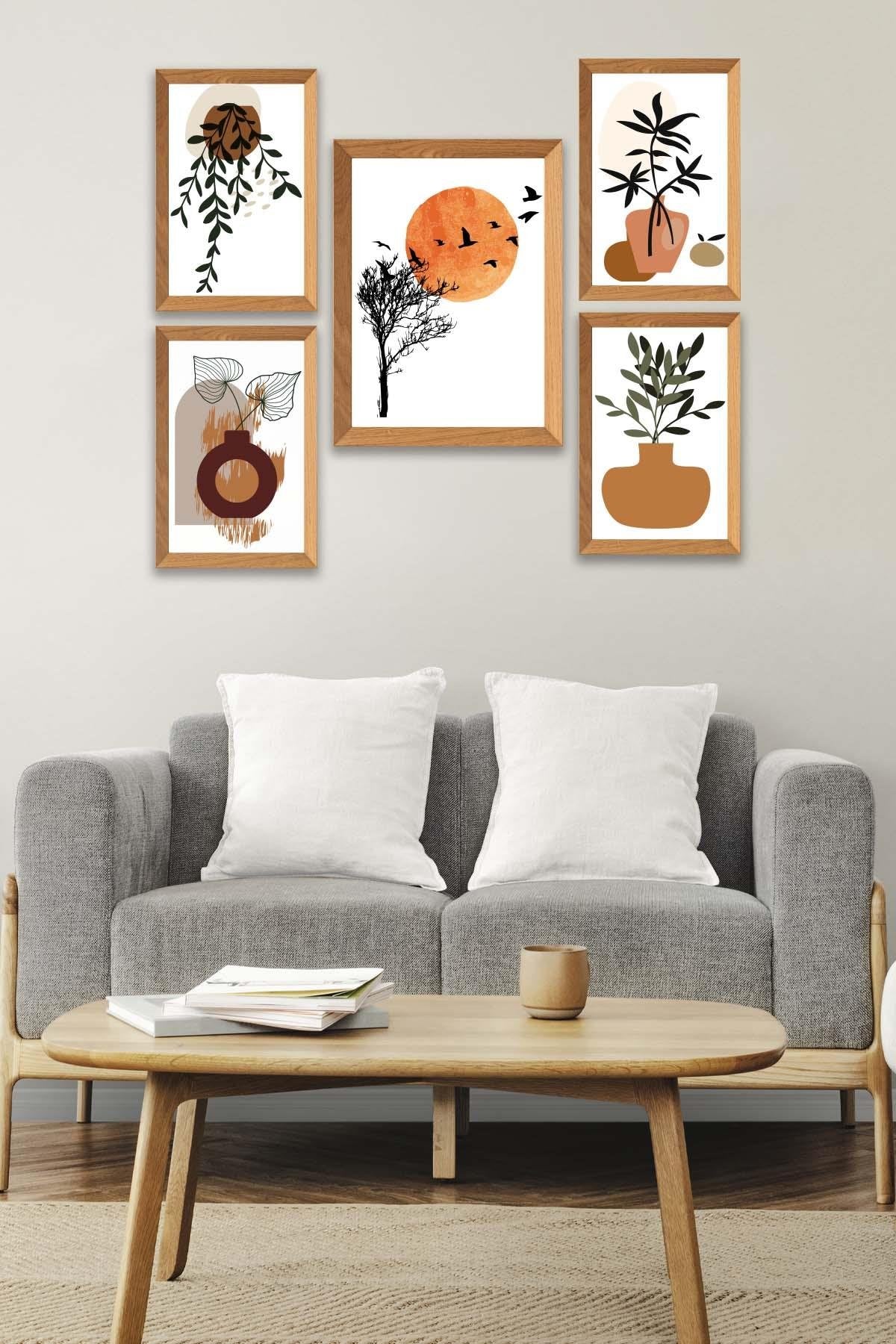 5 Parça Dal Ve Bohem Temalı Ahşap Çerçeve Görünümlü Tablo Seti