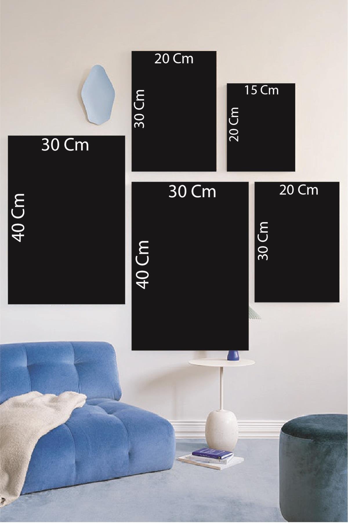 Blue Geometrik Çizgi Ve Çiçekler Temalı Tablo Seti