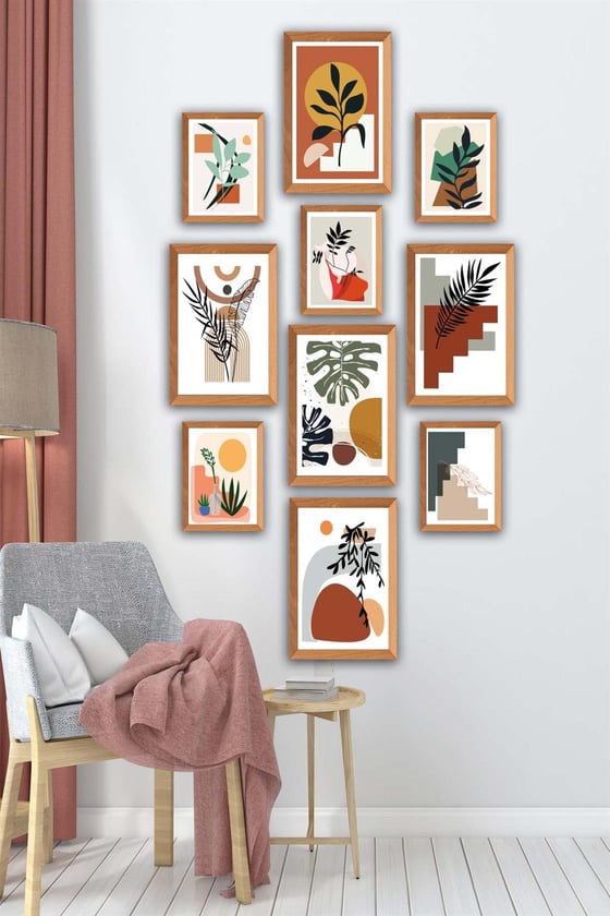 10 Parça Bohem Tarzında Ahşap Çerçeve Görünümlü Uv Baskı Mdf Tablo Seti