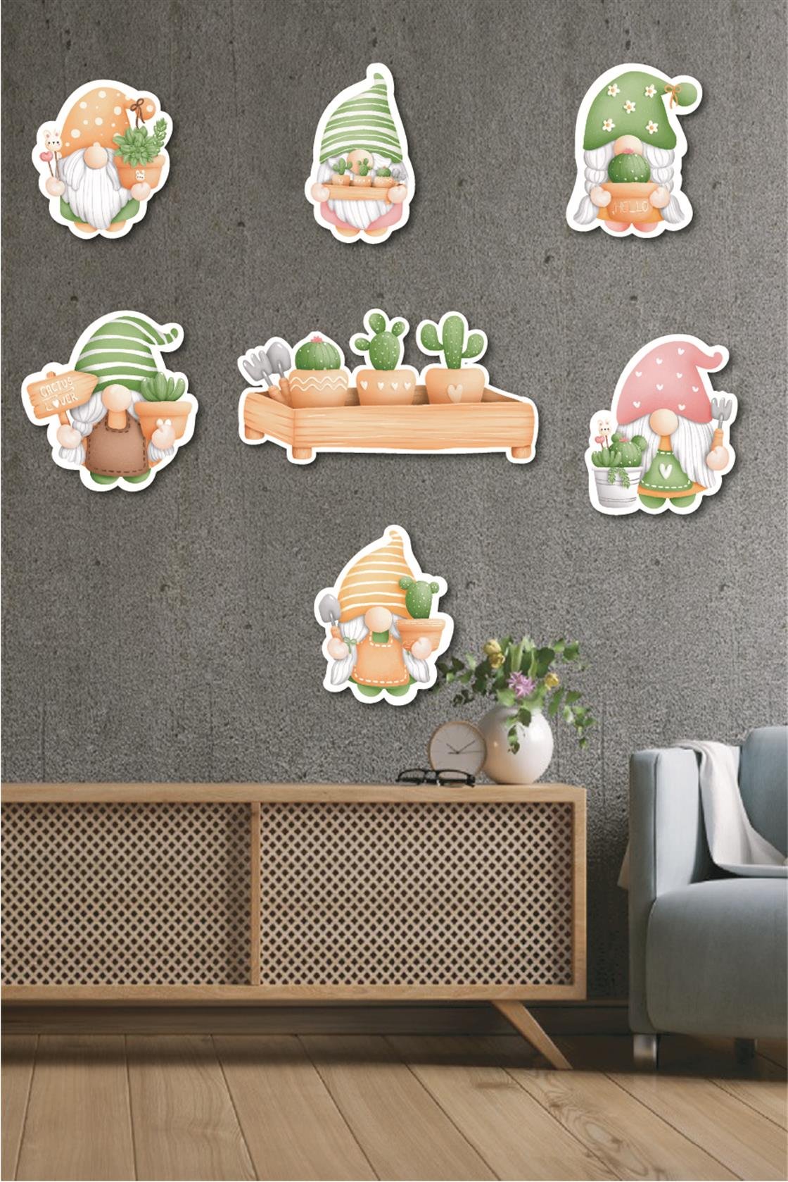 7 Parça Cüce Kaktüs Ahşap Mdf Lazer Kesim Uv Baskı Seti