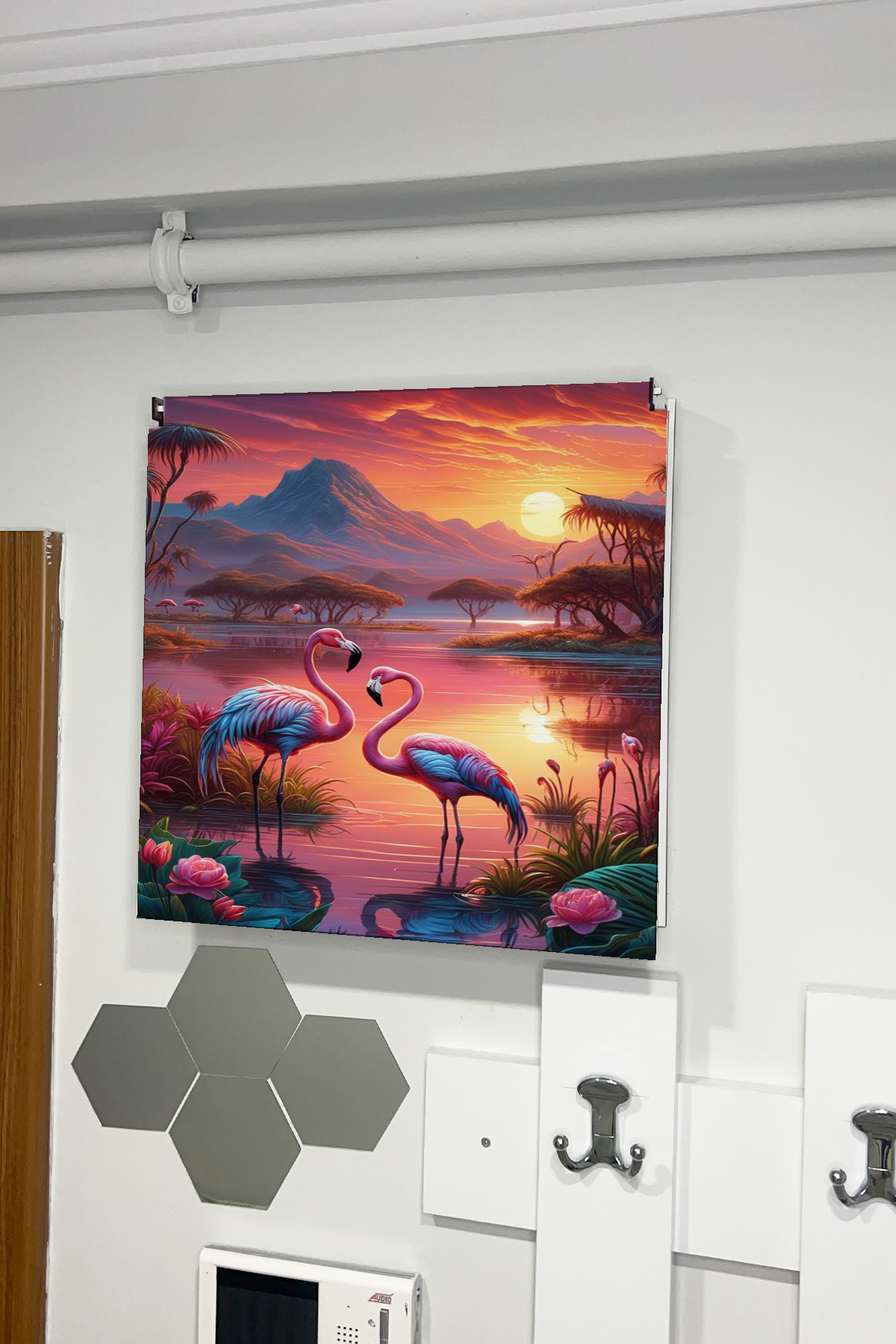 Flamingo Ve Gün Batımı Temalı Ahşap Sigorta Saklama Kutusu