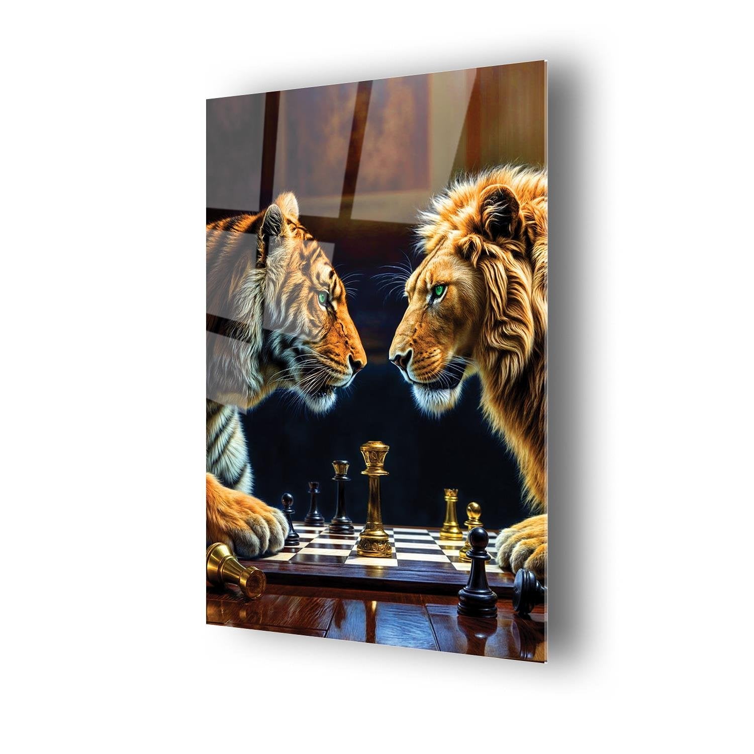 Aslan Ve Kaplan Karşılıklı Satranç Oynuyor Cam Tablo