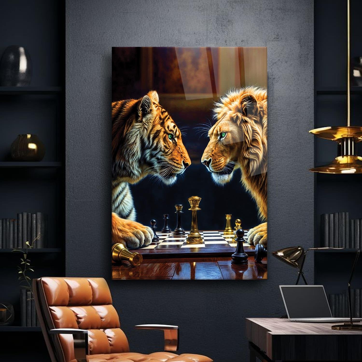 Aslan Ve Kaplan Karşılıklı Satranç Oynuyor Cam Tablo