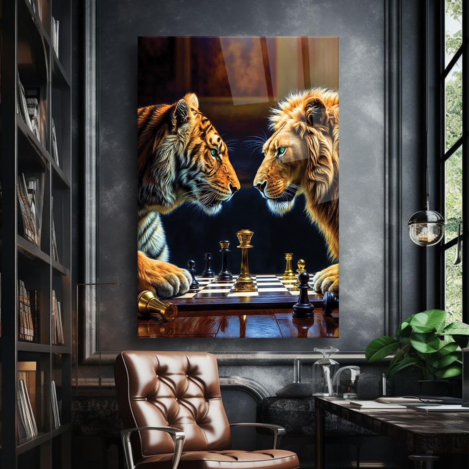 Aslan Ve Kaplan Karşılıklı Satranç Oynuyor Cam Tablo