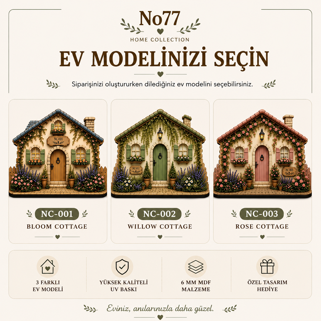 Kişiye Özel Ahşap Ev Anahtarlık Askılığı | NC-001 Bloom Cottage | Çiftlere Özel