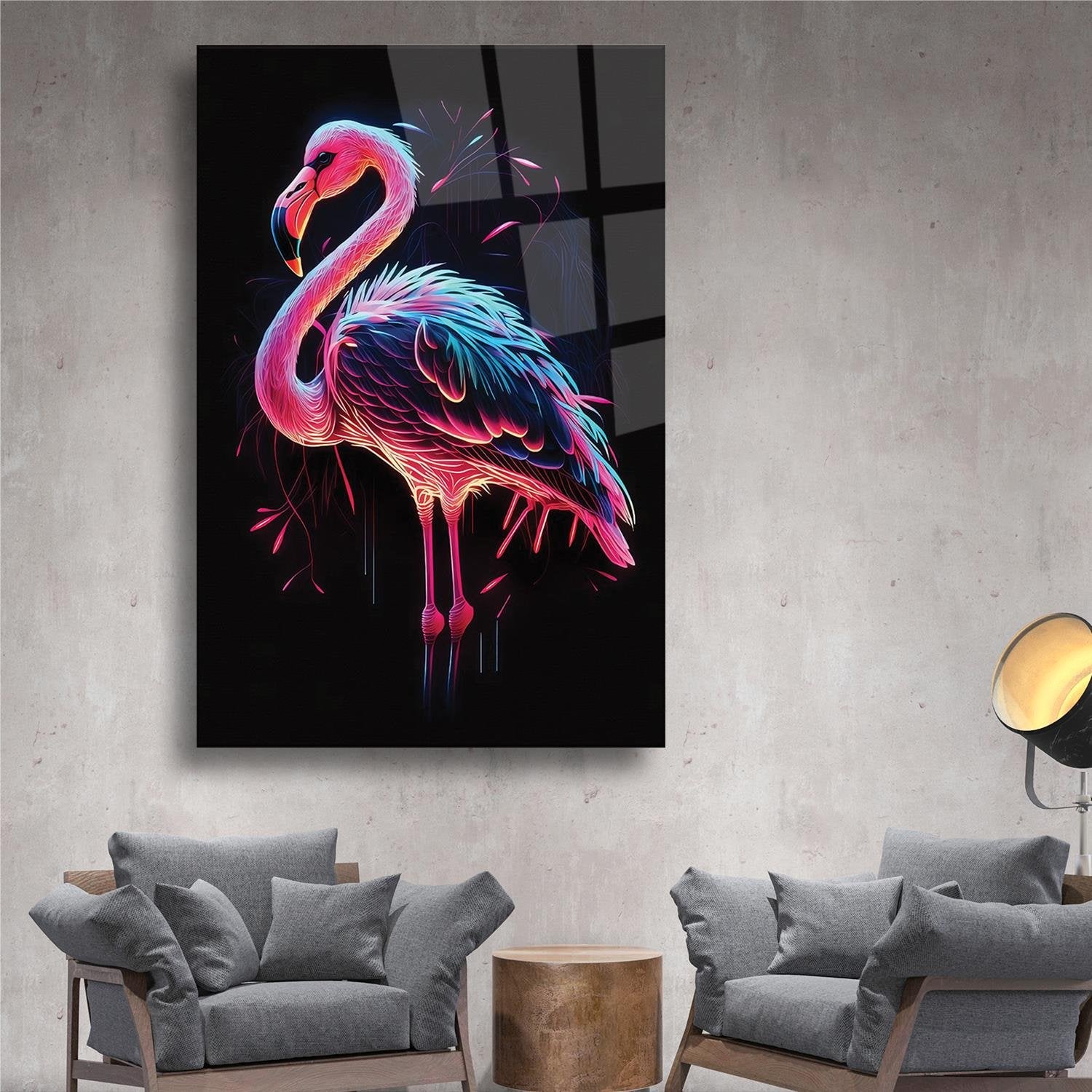 Flamingo Renkli Desenli Cam Tablo