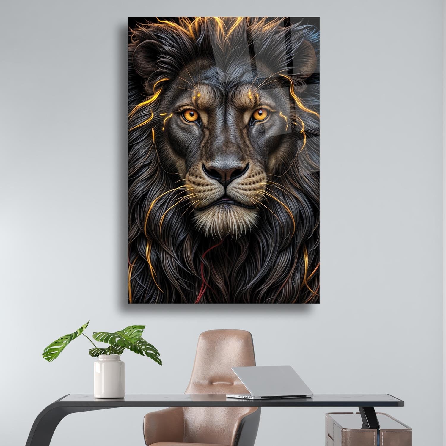 Gold Aslan Portre Temalı Cam Tablo