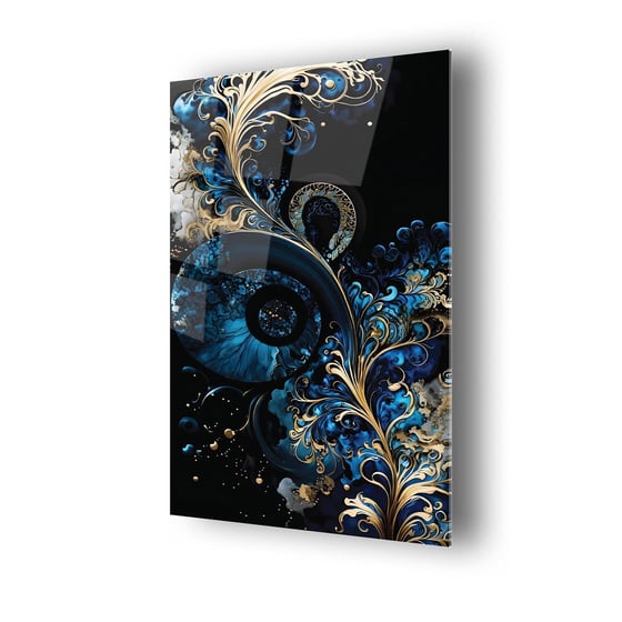 Gold Mavi Mürekkep Desenli Cam Tablo