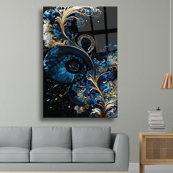 Gold Mavi Mürekkep Desenli Cam Tablo