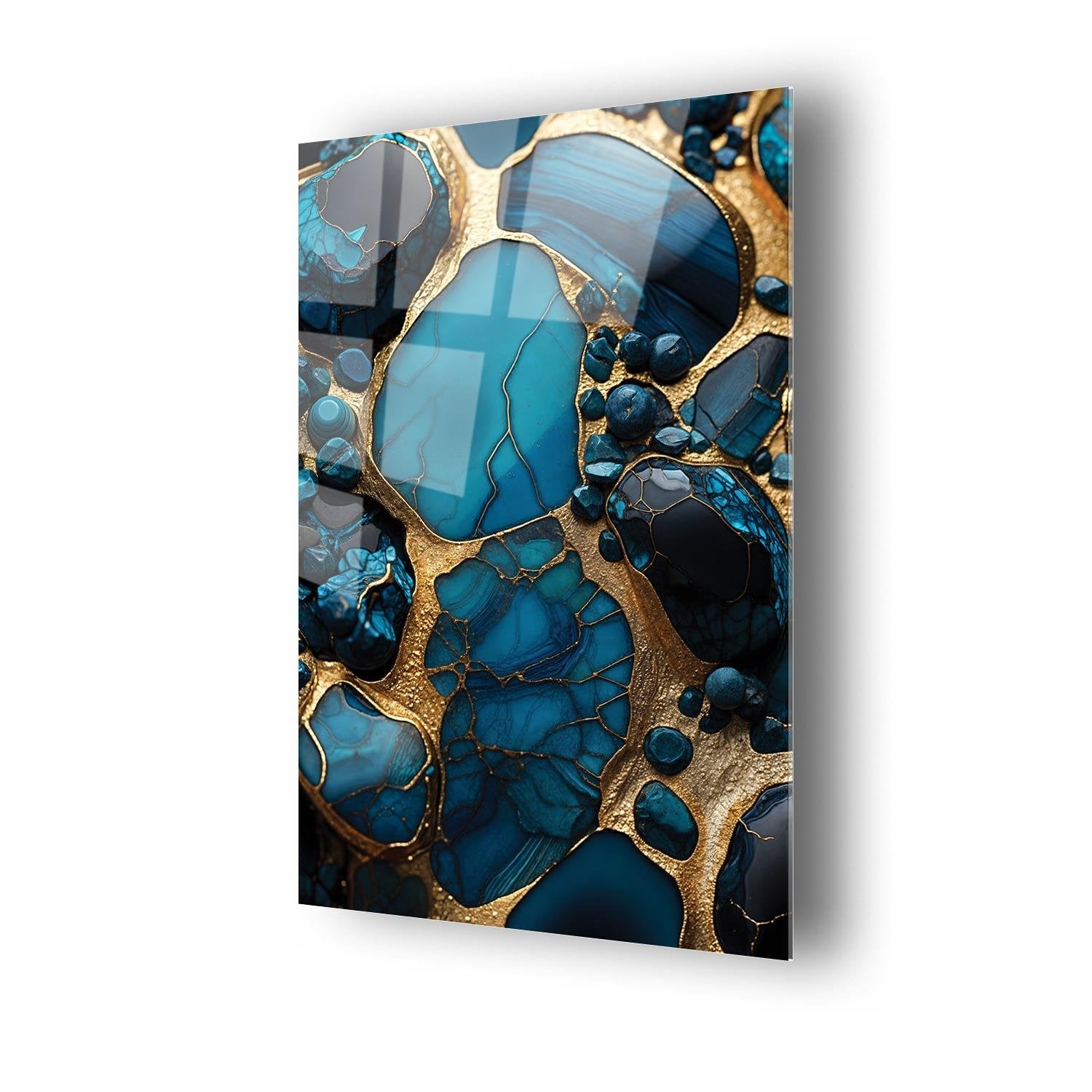 Gold Ve Mavinin Tonları Mürekkep Deseni Cam Tablo