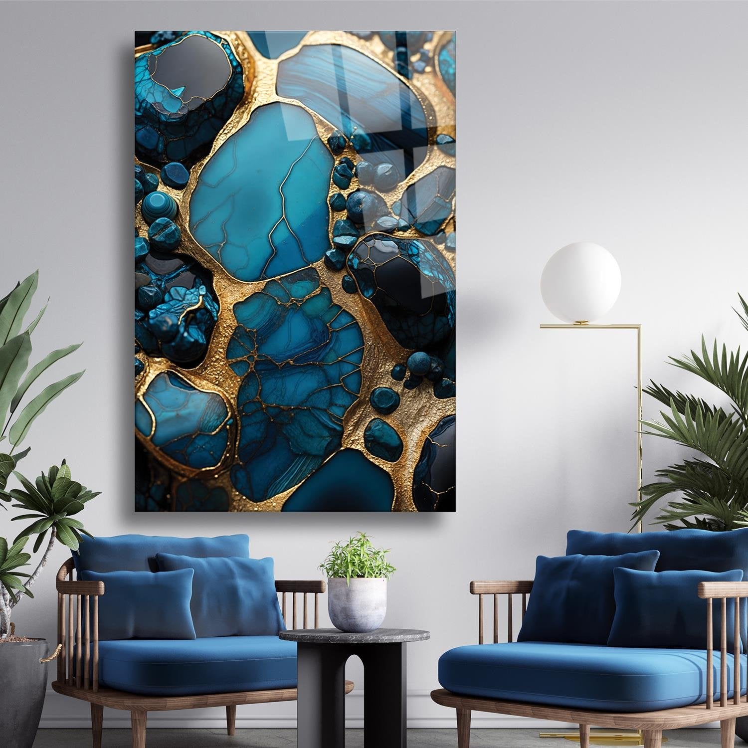 Gold Ve Mavinin Tonları Mürekkep Deseni Cam Tablo