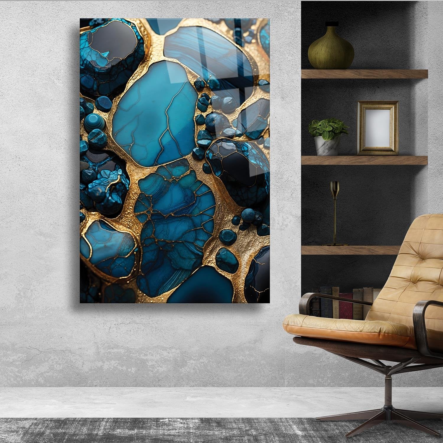 Gold Ve Mavinin Tonları Mürekkep Deseni Cam Tablo
