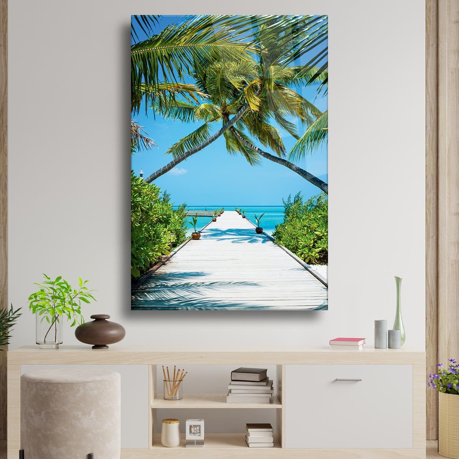 İskele Ve Palmiye Temalı Cam Tablo